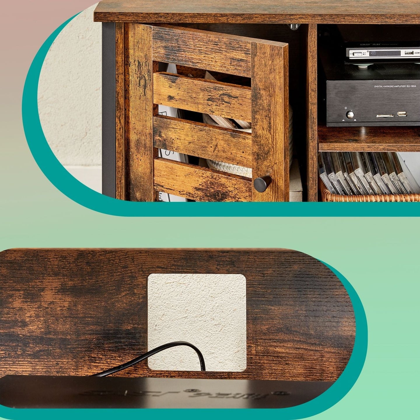 Media Console Table - Wood - Brown and Black - Louvered Doors with Storage
