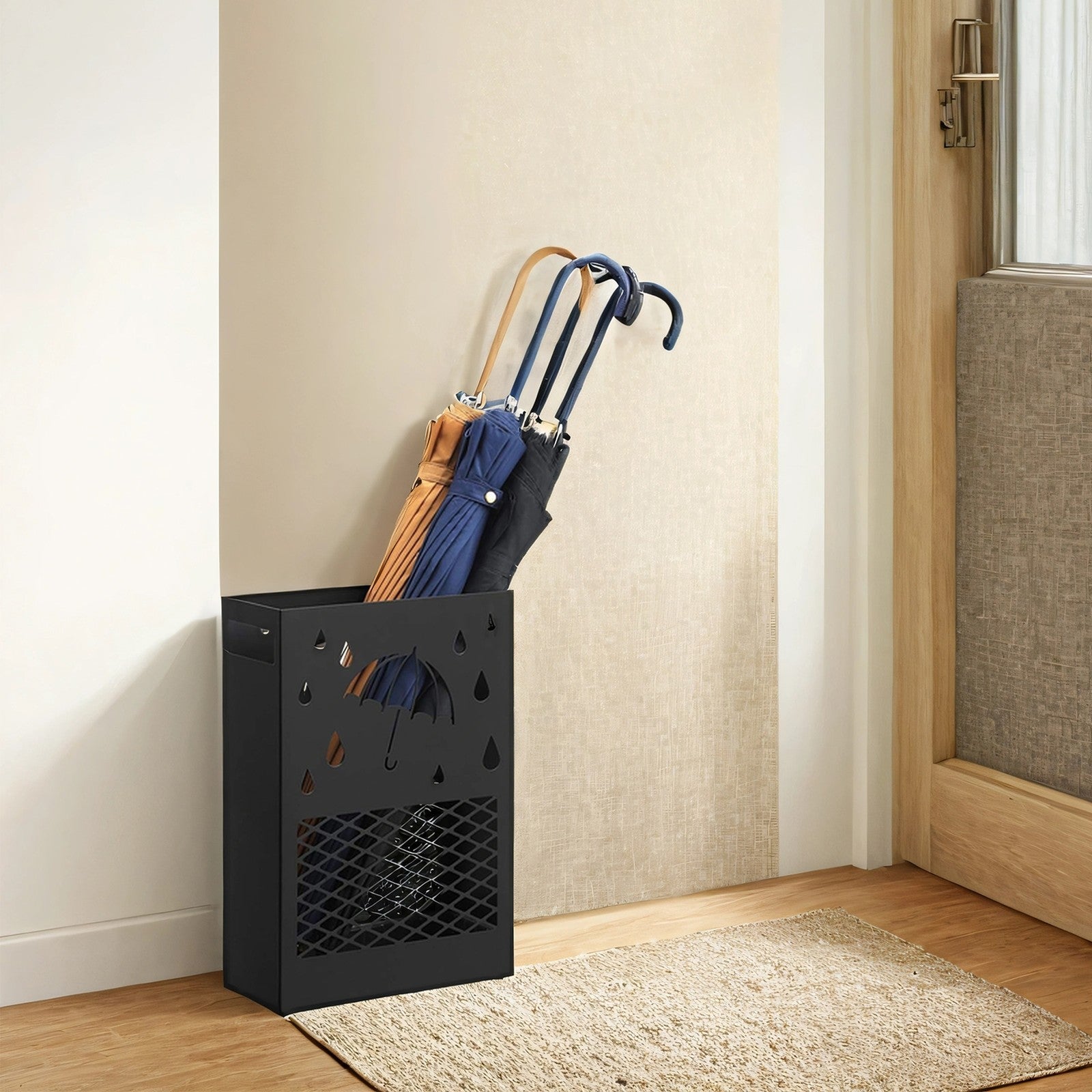 Umbrella Stand - Metal - Black - Rectangular with Removable Drip Tray and 4 Hooks