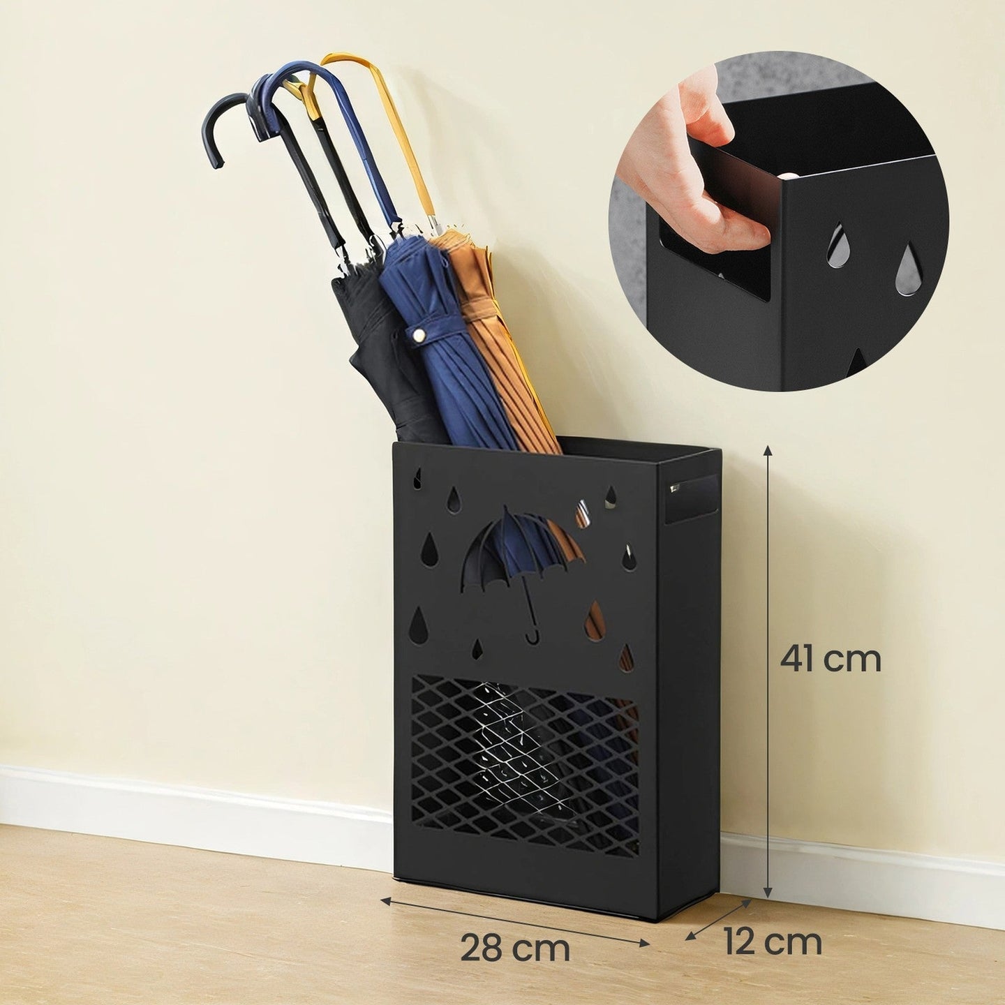 Umbrella Stand - Metal - Black - Rectangular with Removable Drip Tray and 4 Hooks