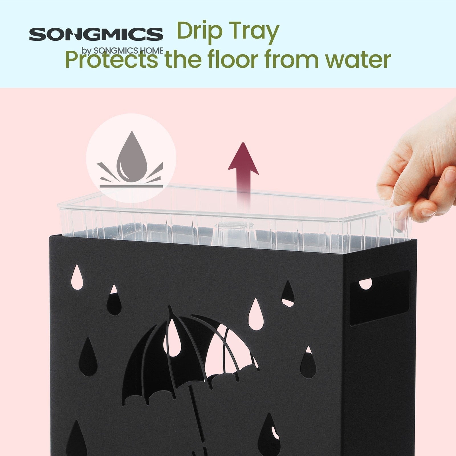 Umbrella Stand - Metal - Black - Rectangular with Removable Drip Tray and 4 Hooks