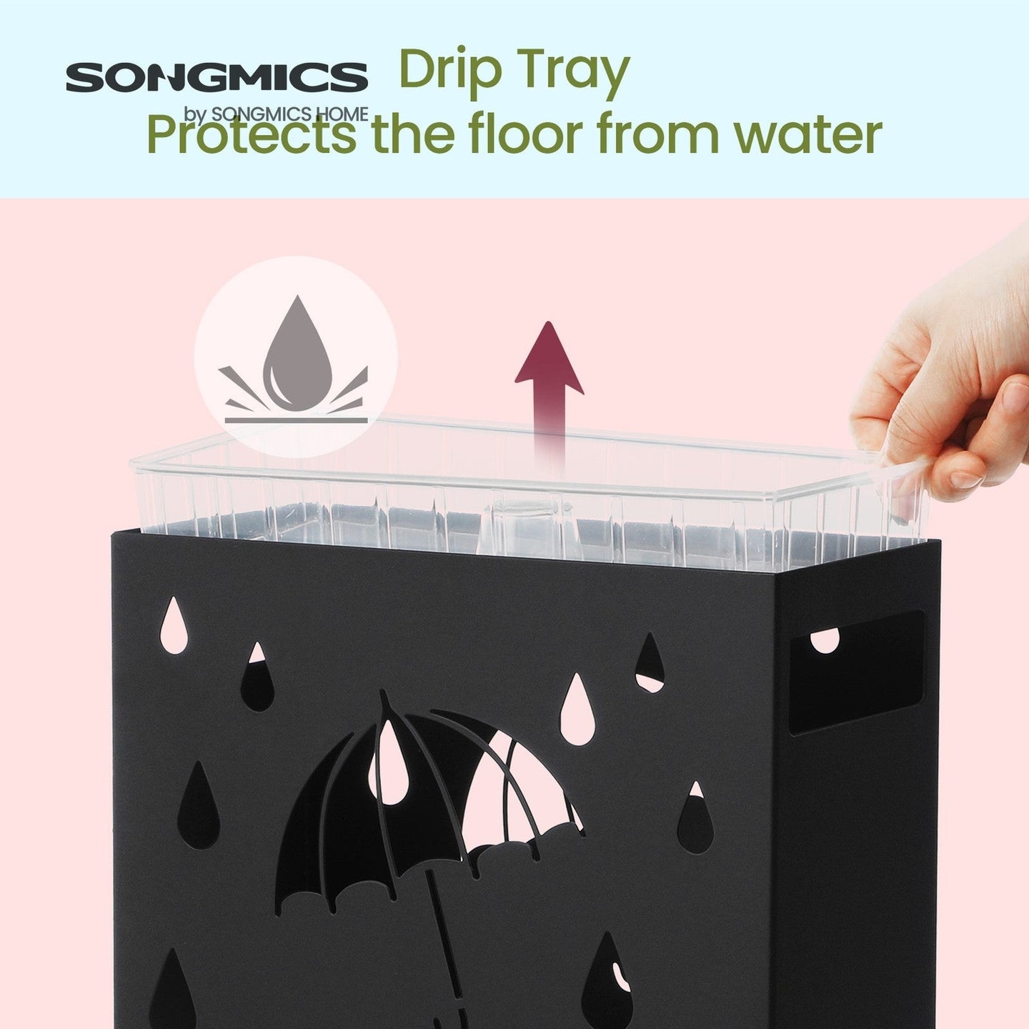 Umbrella Stand - Metal - Black - Rectangular with Removable Drip Tray and 4 Hooks
