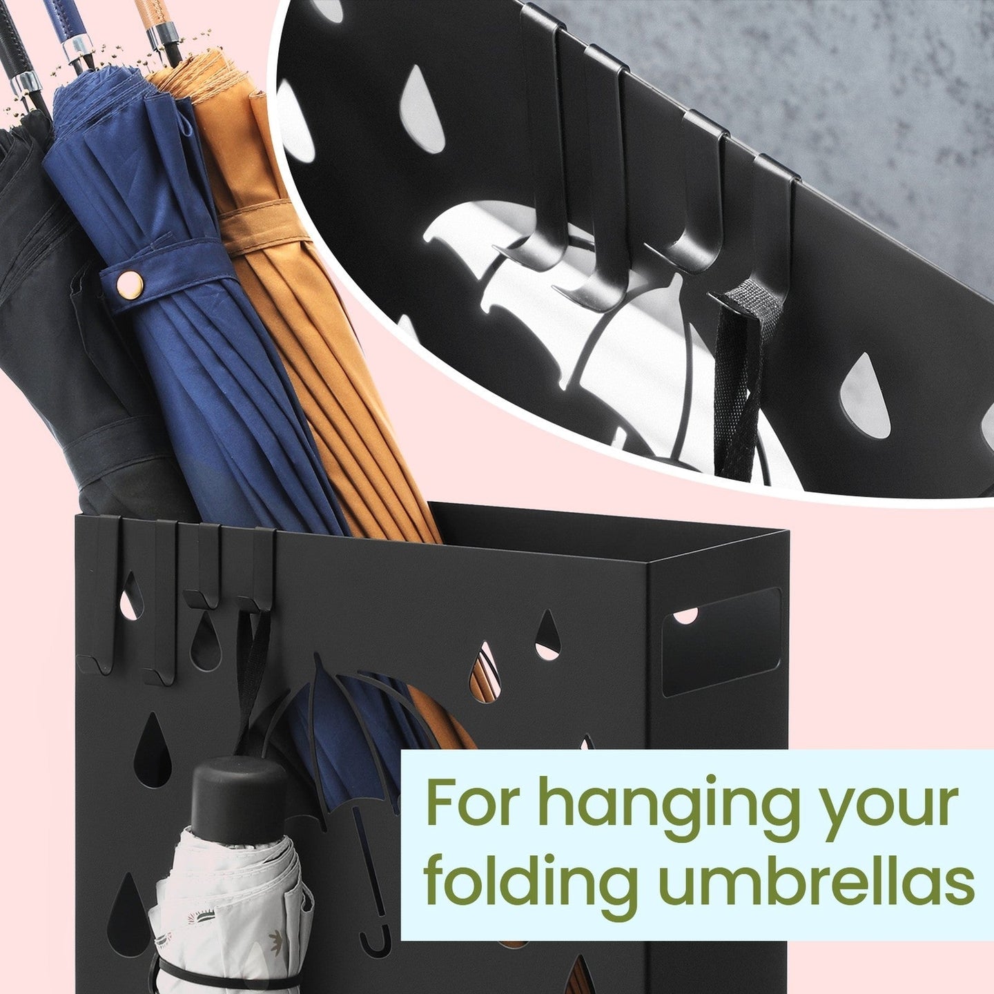 Umbrella Stand - Metal - Black - Rectangular with Removable Drip Tray and 4 Hooks
