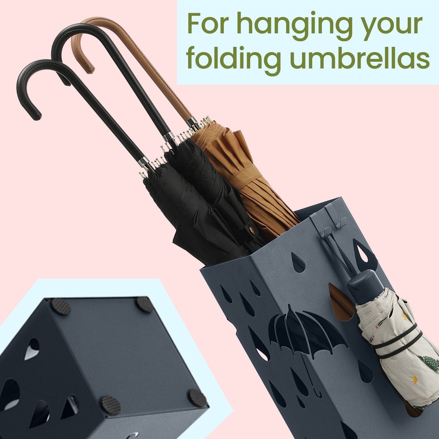 Umbrella Stand - Metal - Anthracite Grey - Square Design with Drip Tray and Hooks