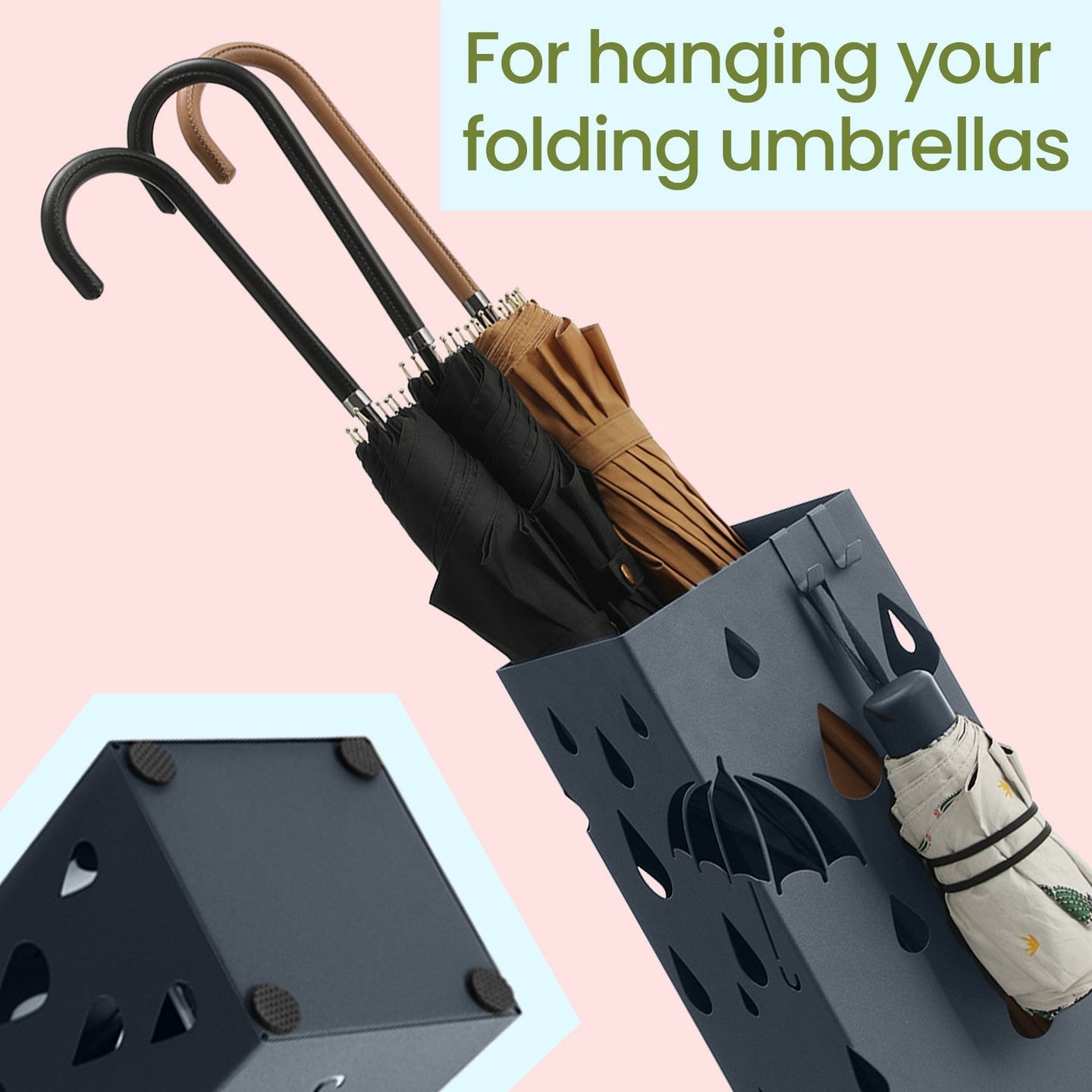 Umbrella Stand - Metal - Anthracite Grey - Square Design with Drip Tray and Hooks