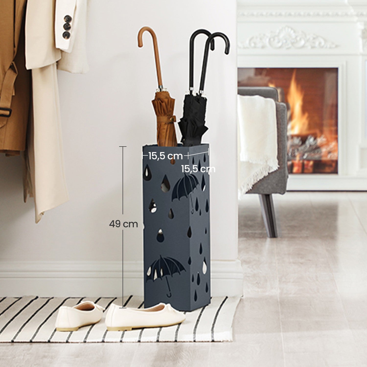 Umbrella Stand - Metal - Anthracite Grey - Square Design with Drip Tray and Hooks