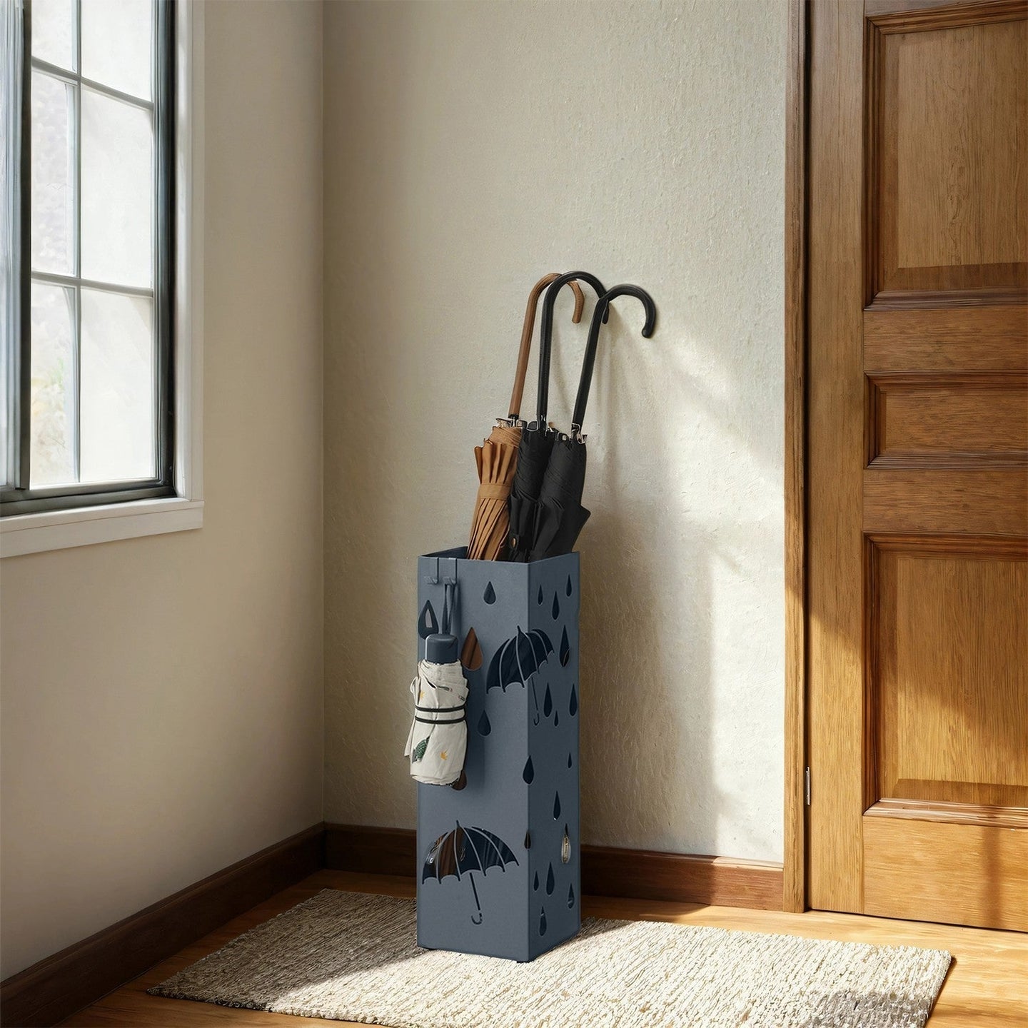 Umbrella Stand - Metal - Anthracite Grey - Square Design with Drip Tray and Hooks