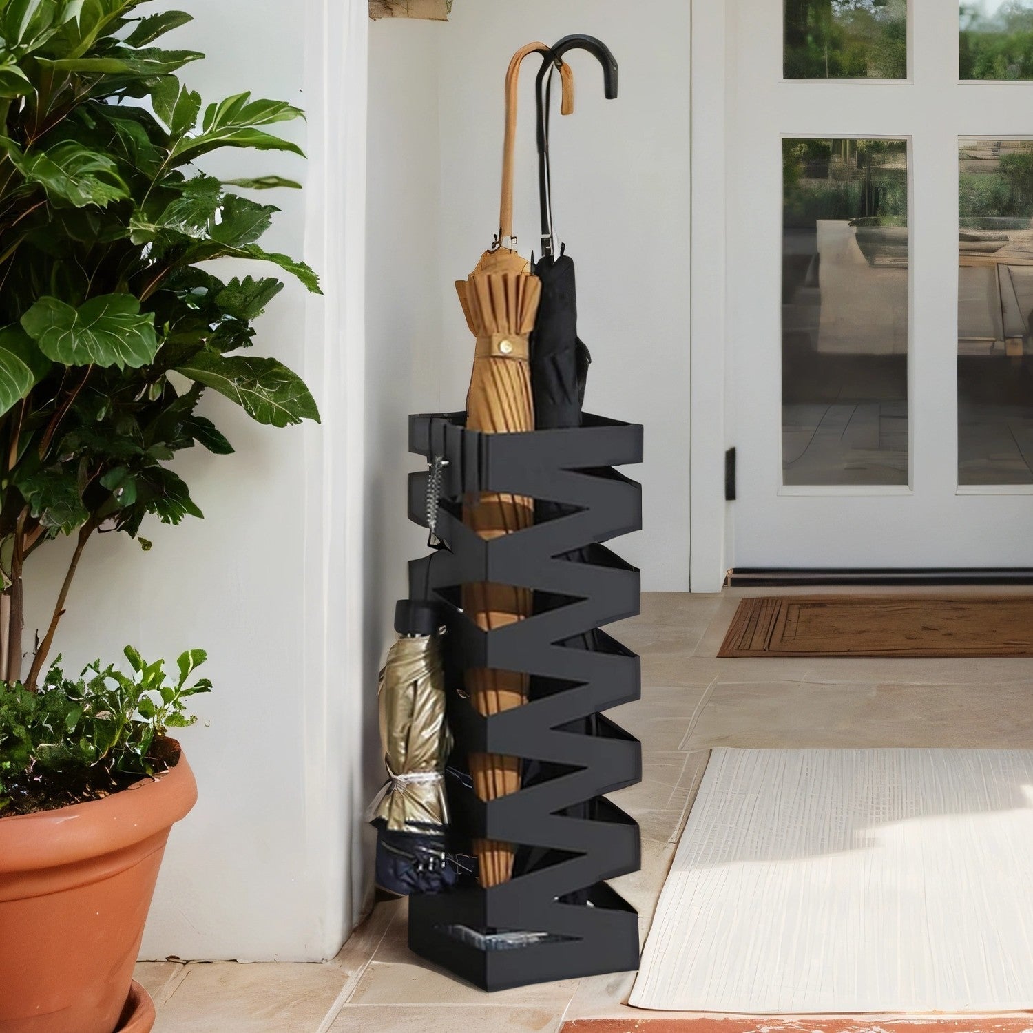 Umbrella Stand - Metal - White - Square with 4 Hooks and Removable Water Tray