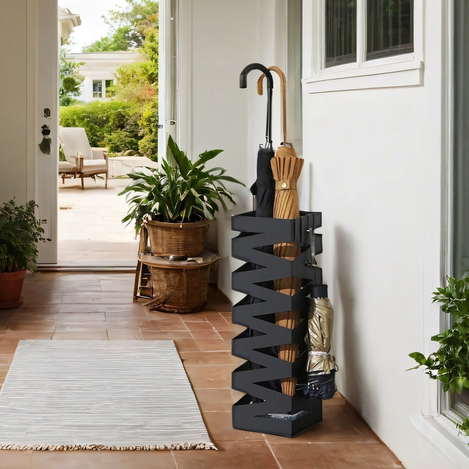 Umbrella Stand - Metal - White - Square with 4 Hooks and Removable Water Tray