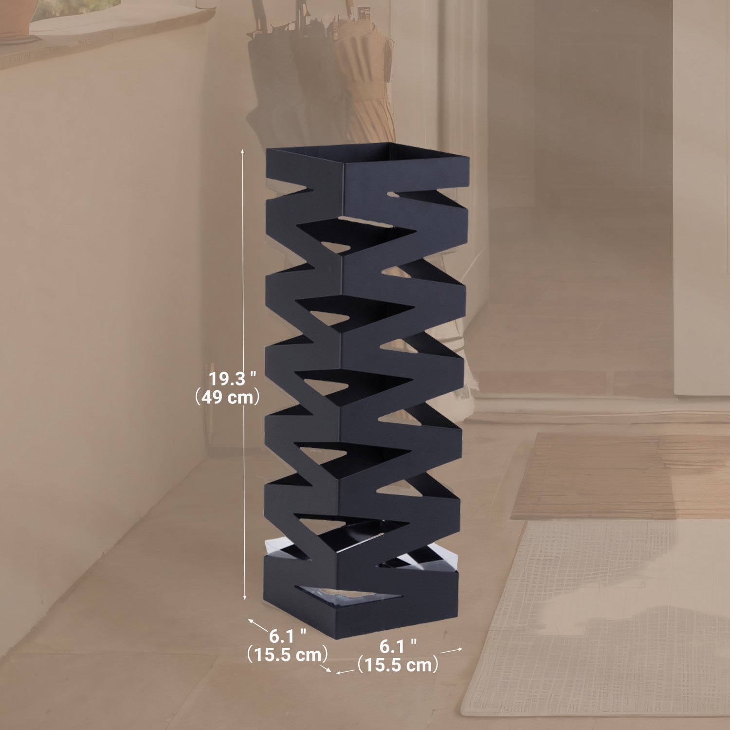 Umbrella Stand - Metal - White - Square with 4 Hooks and Removable Water Tray