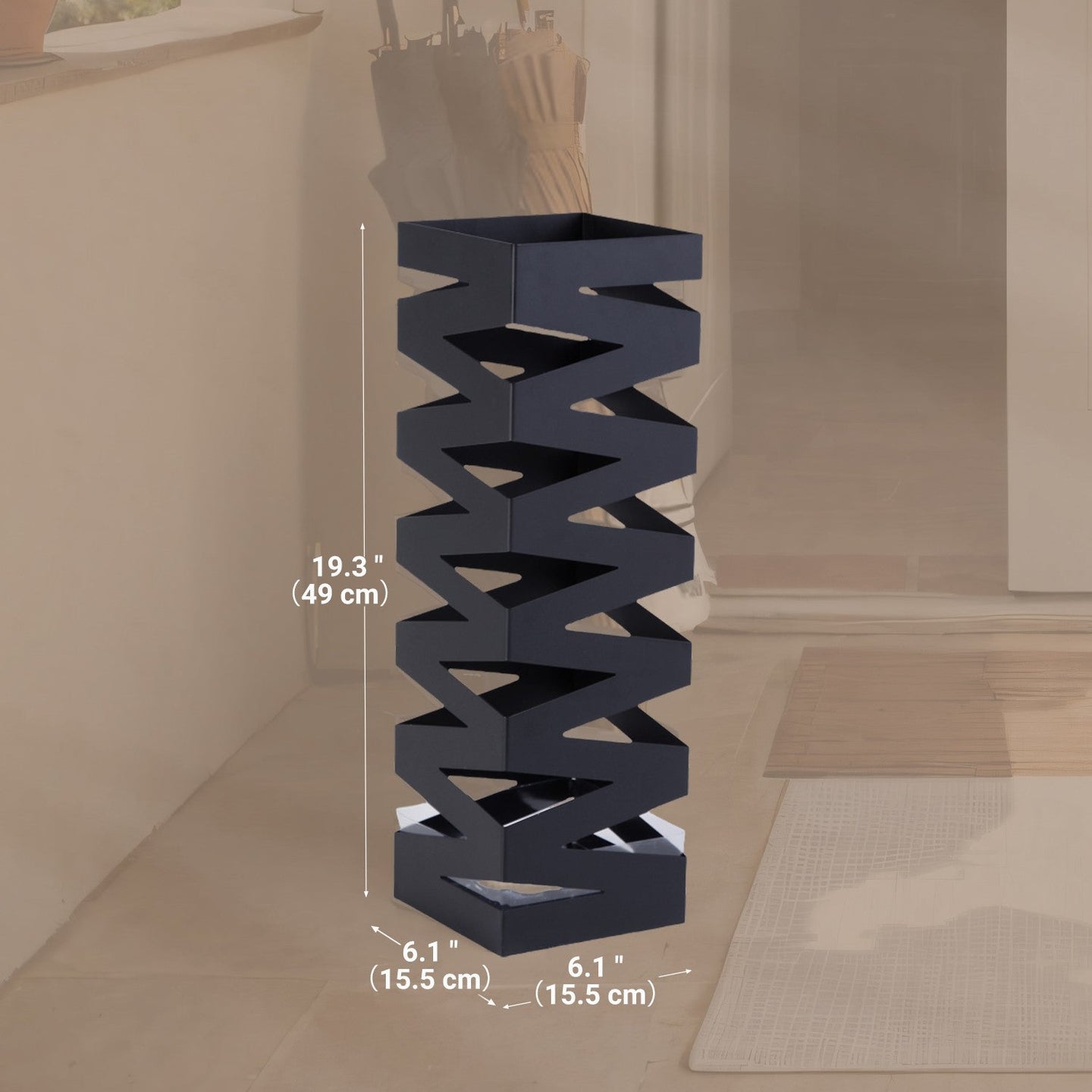 Umbrella Stand - Metal - White - Square with 4 Hooks and Removable Water Tray