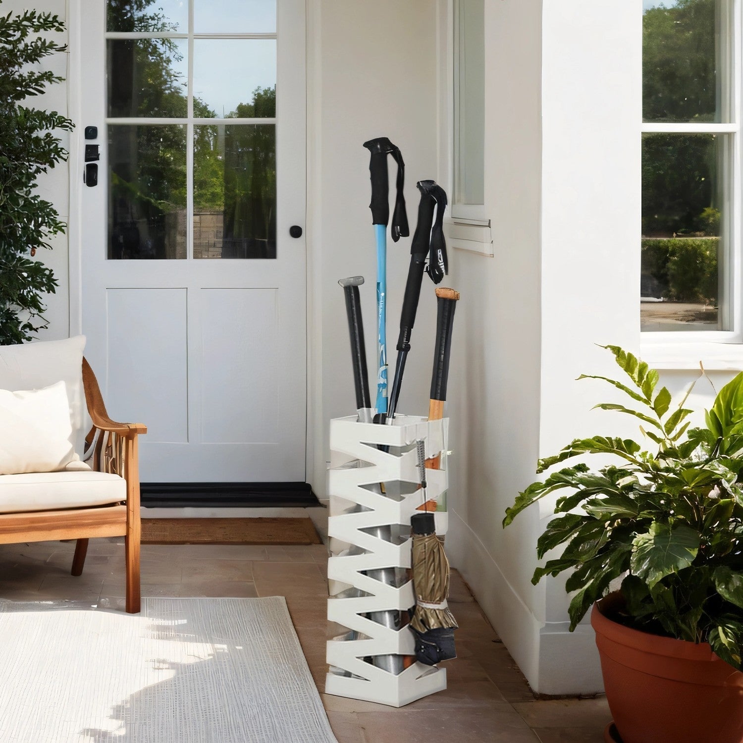 Umbrella Stand - Metal - White - Square with 4 Hooks and Removable Water Tray