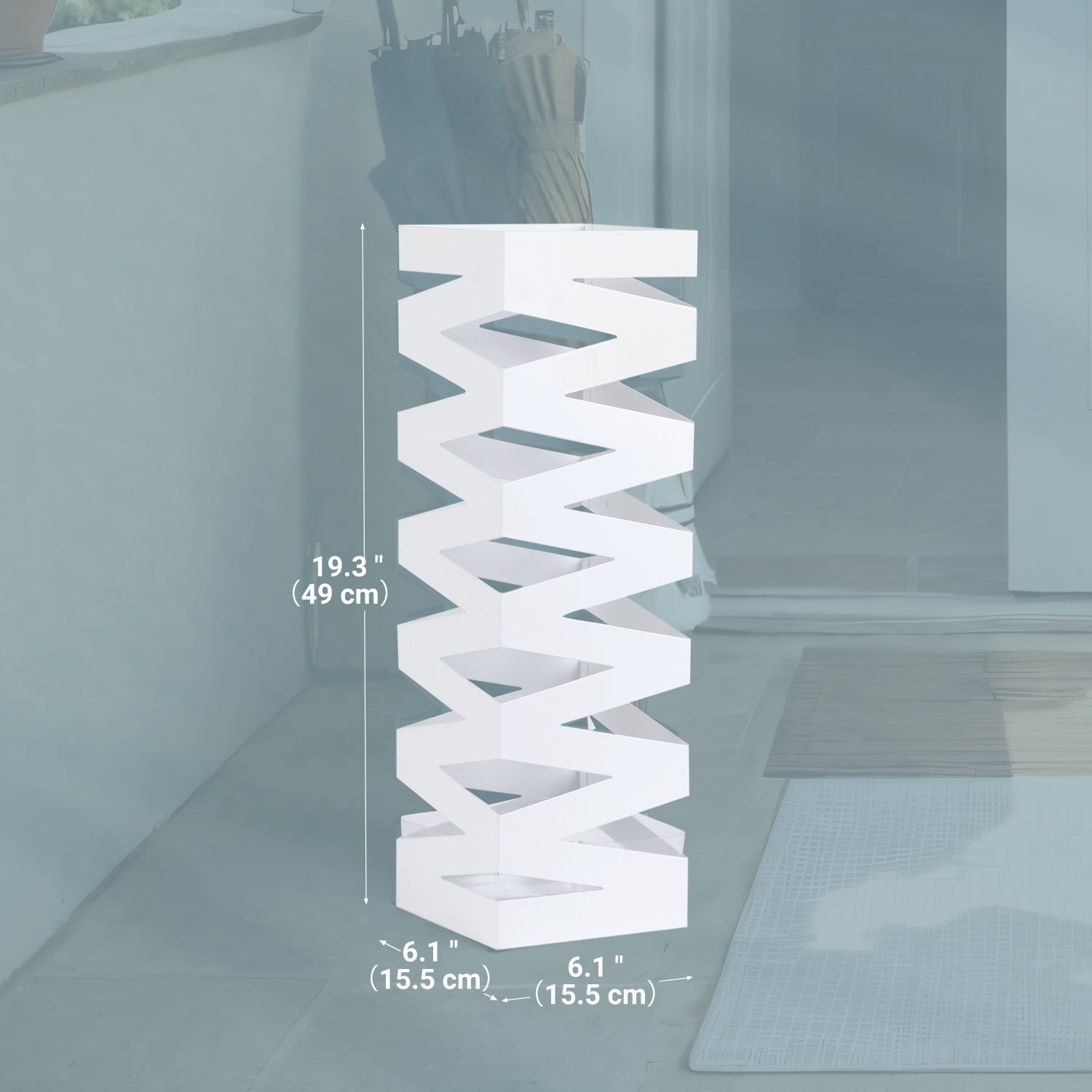 Umbrella Stand - Metal - White - Square with 4 Hooks and Removable Water Tray