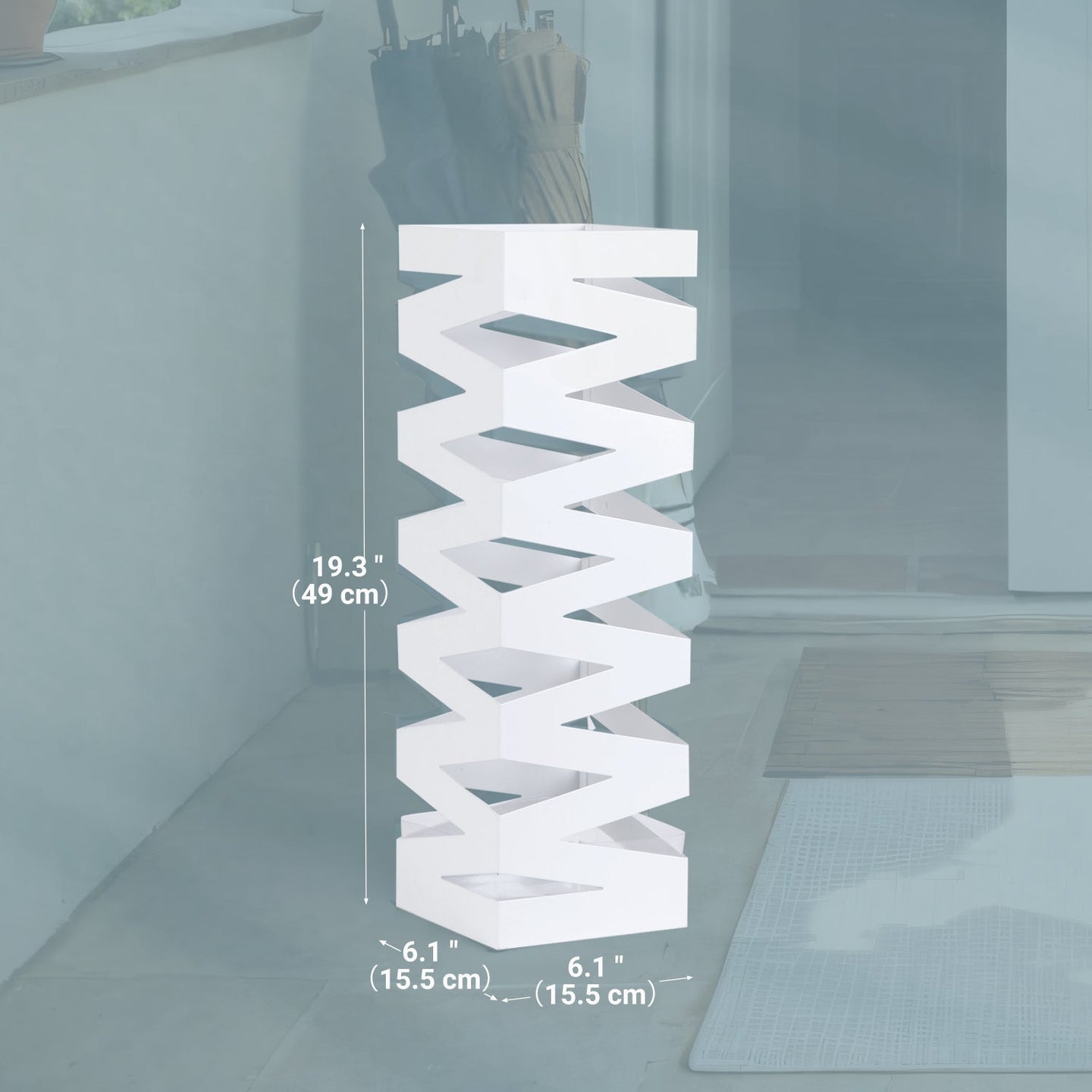 Umbrella Stand - Metal - White - Square with 4 Hooks and Removable Water Tray