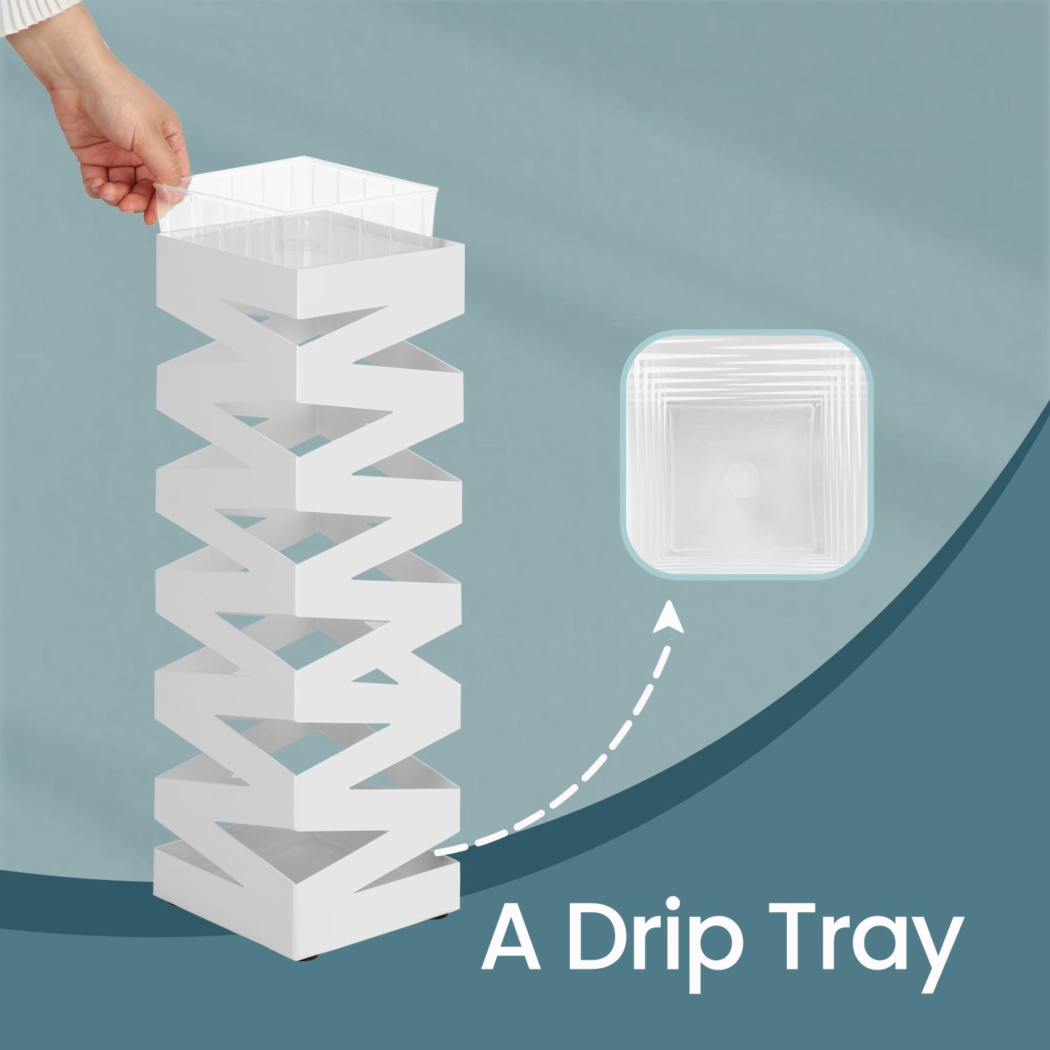 Umbrella Stand - Metal - White - Square with 4 Hooks and Removable Water Tray