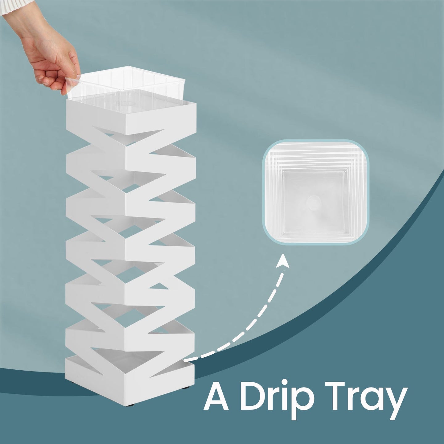 Umbrella Stand - Metal - White - Square with 4 Hooks and Removable Water Tray