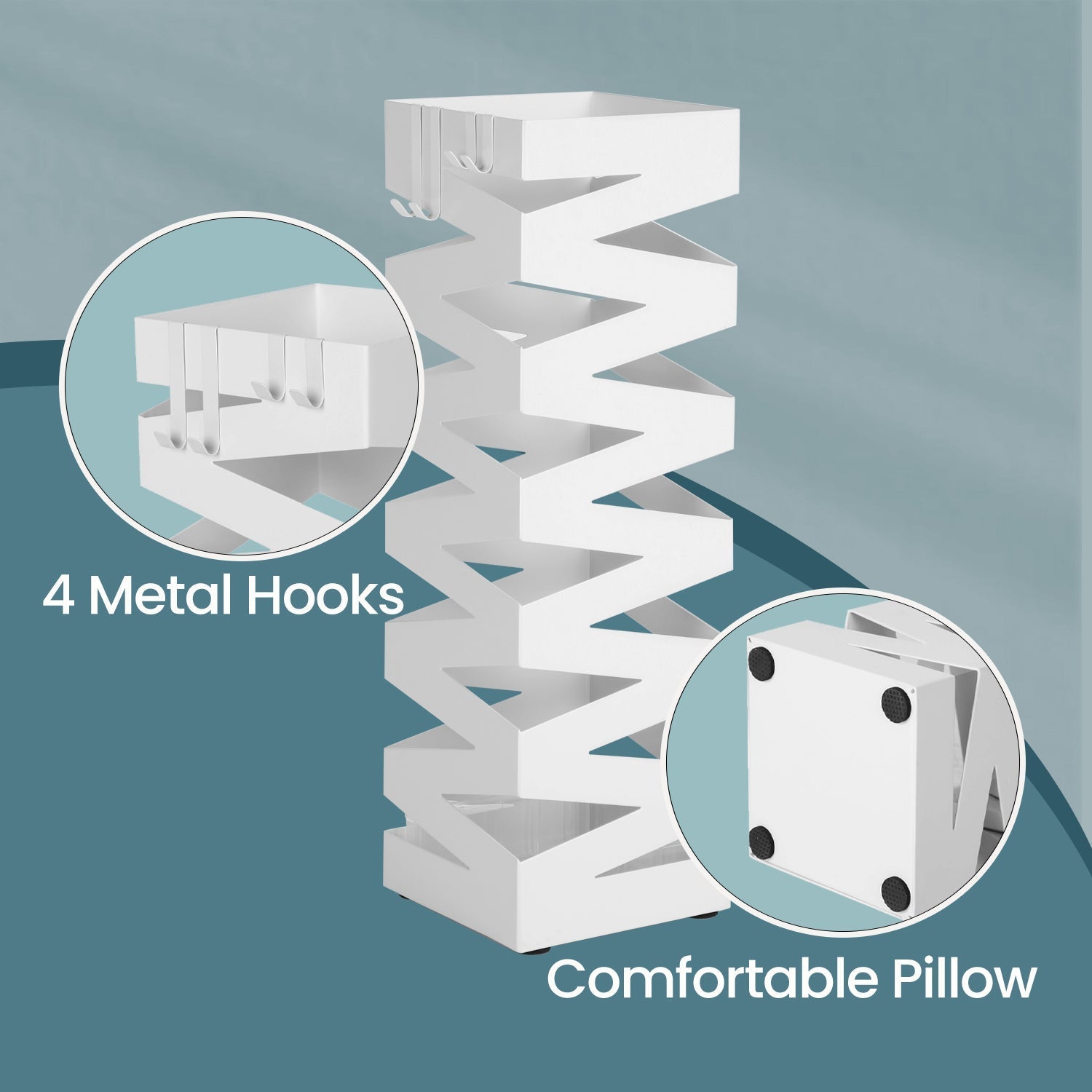 Umbrella Stand - Metal - White - Square with 4 Hooks and Removable Water Tray