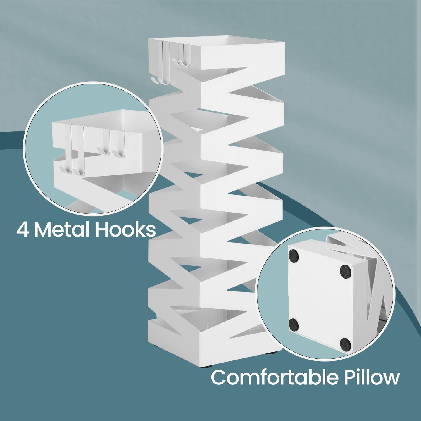 Umbrella Stand - Metal - White - Square with 4 Hooks and Removable Water Tray