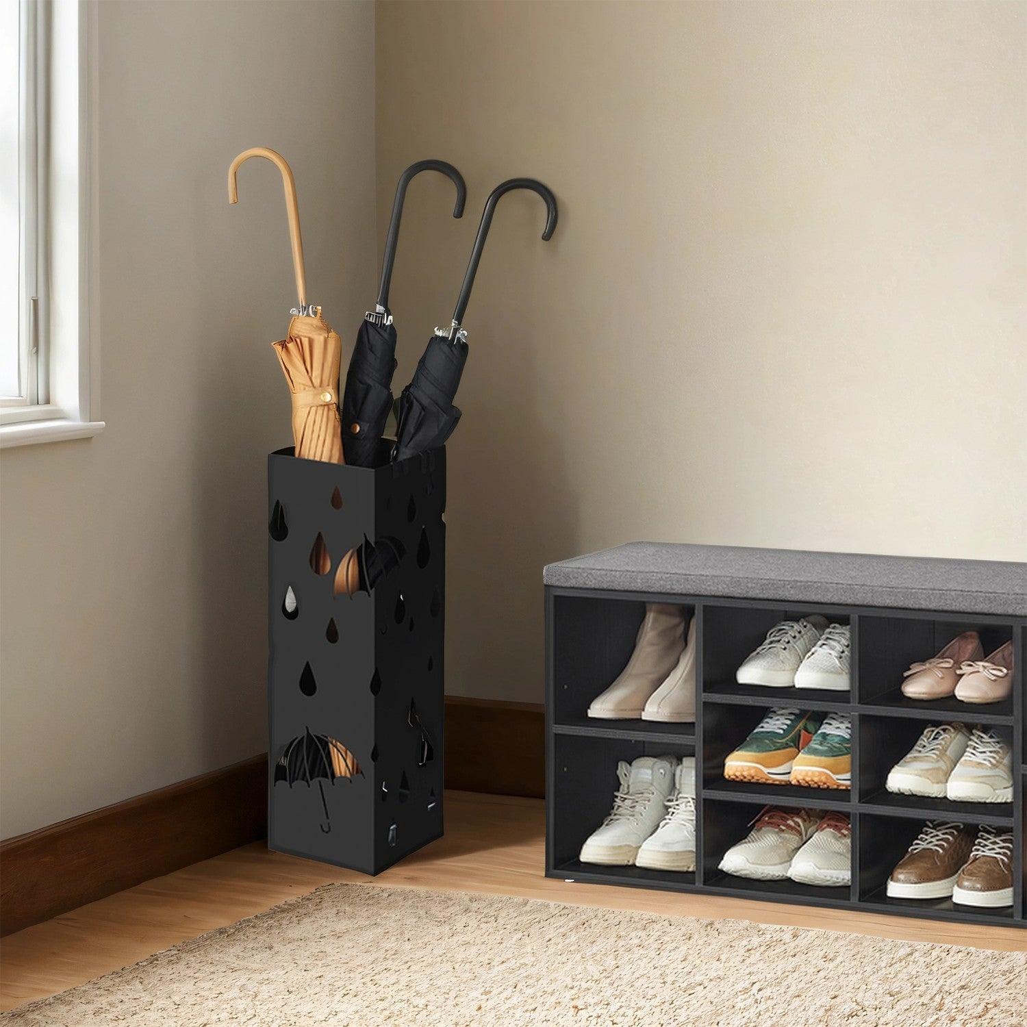Metal Umbrella Stand - Metal - Black - Square Design with Hooks and Drip Tray