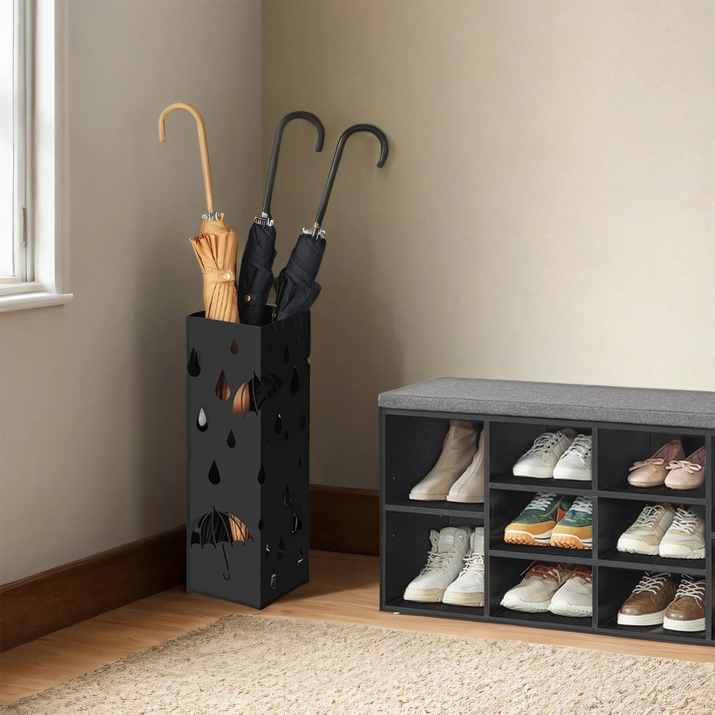 Metal Umbrella Stand - Metal - Black - Square Design with Hooks and Drip Tray