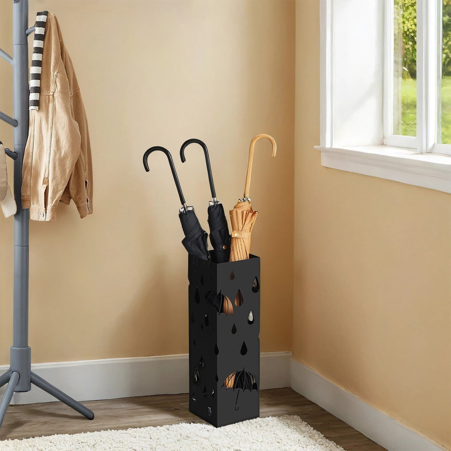 Metal Umbrella Stand - Metal - Black - Square Design with Hooks and Drip Tray