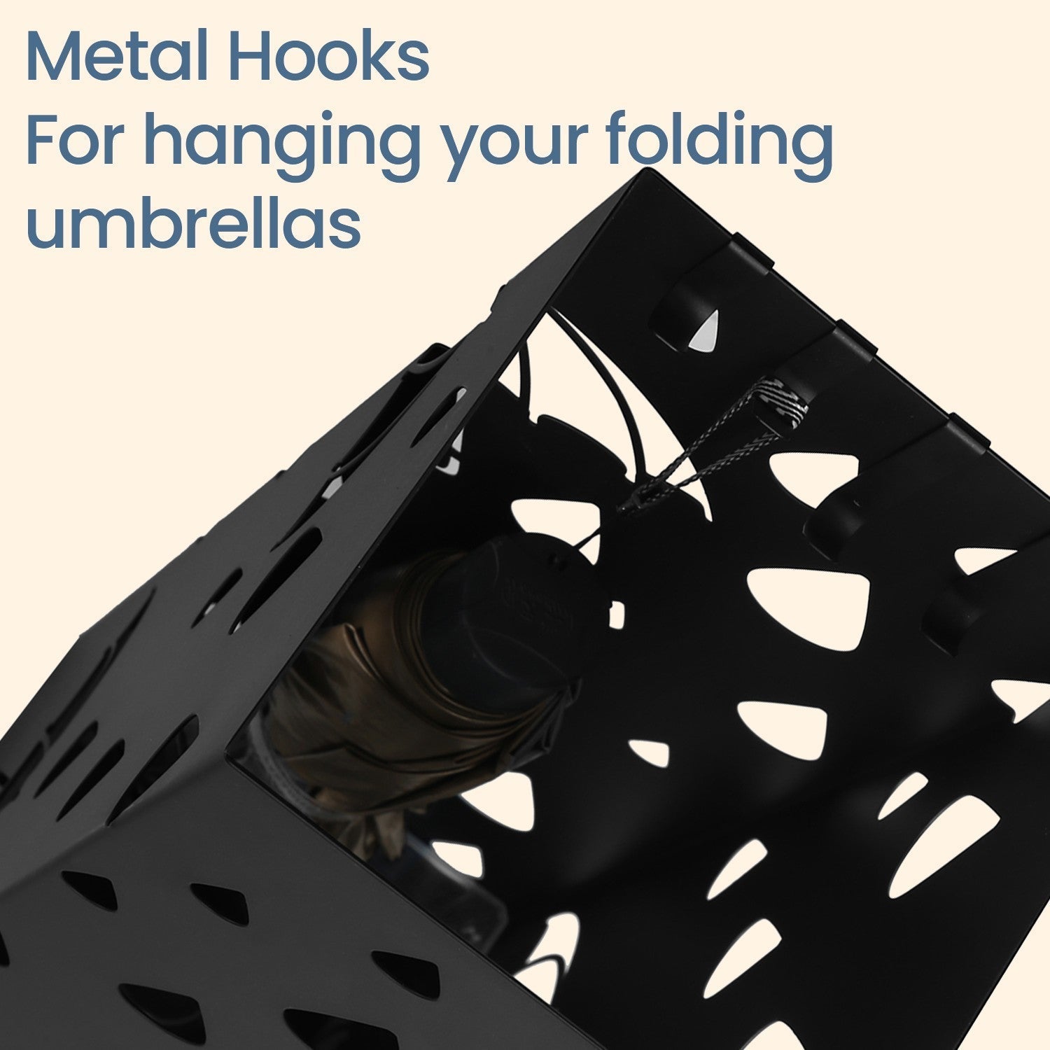 Metal Umbrella Stand - Metal - Black - Square Design with Hooks and Drip Tray