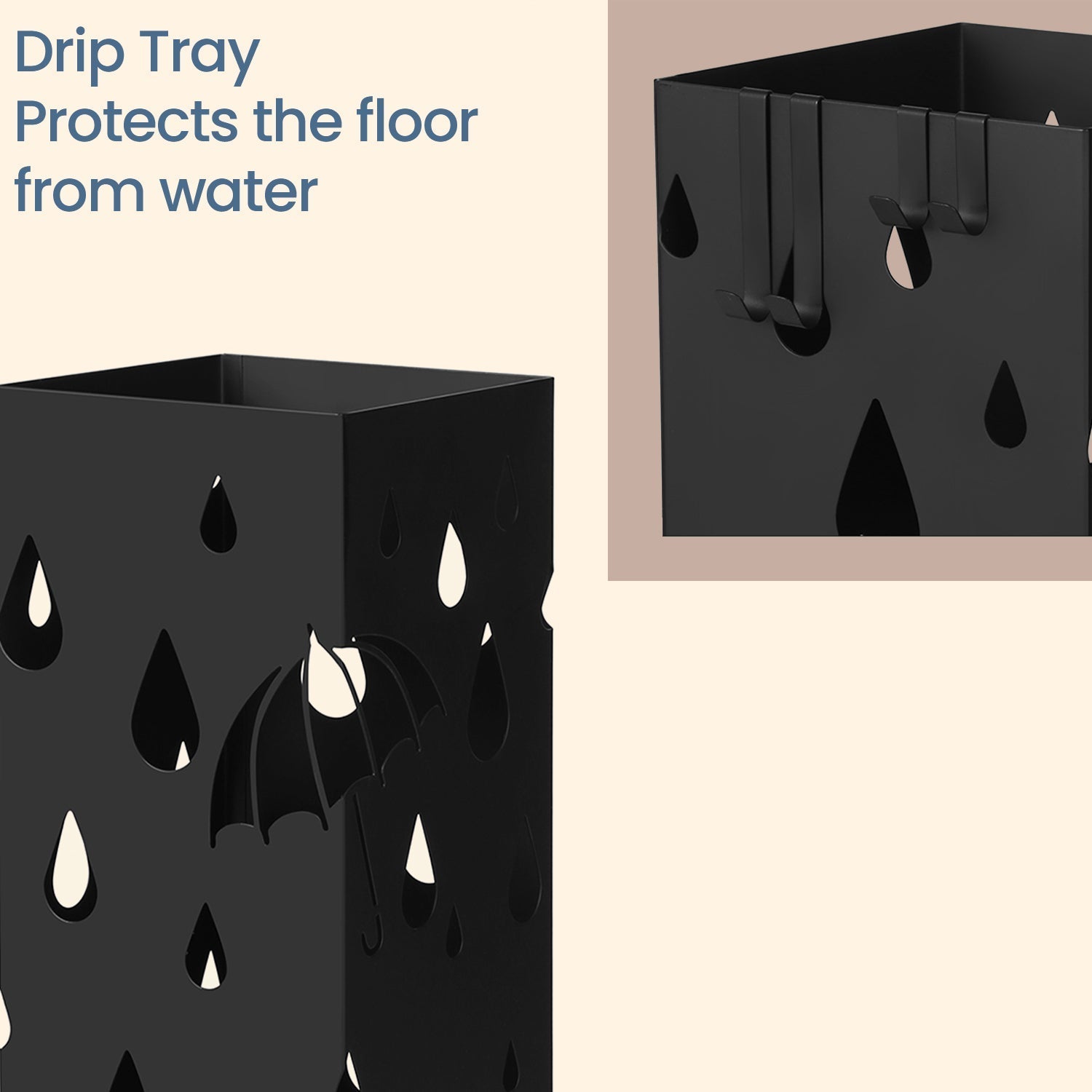 Metal Umbrella Stand - Metal - Black - Square Design with Hooks and Drip Tray