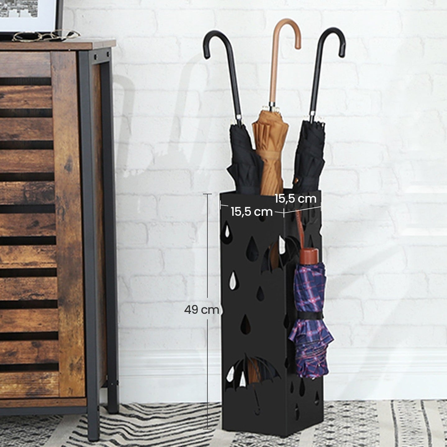 Metal Umbrella Stand - Metal - Black - Square Design with Hooks and Drip Tray
