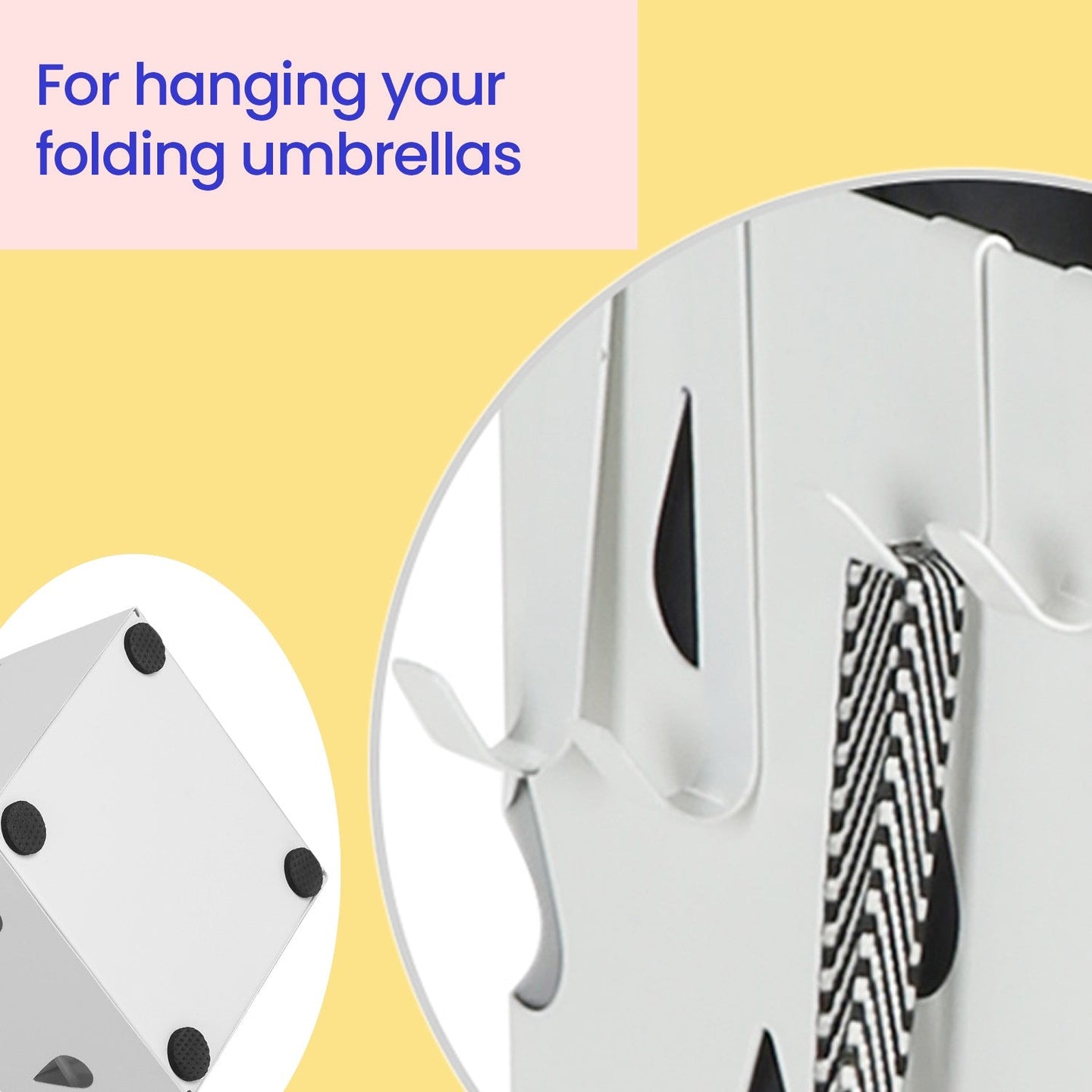 Umbrella Stand - Metal - White - Equipped with Hooks and Drip Tray