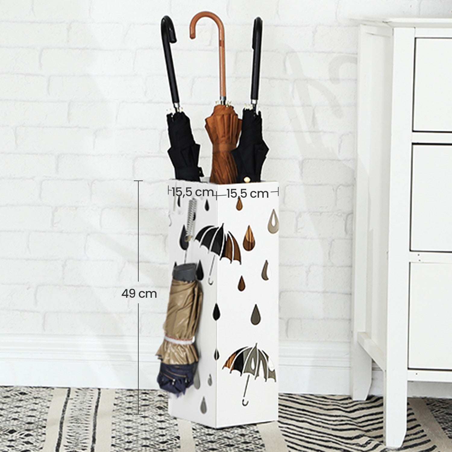 Umbrella Stand - Metal - White - Equipped with Hooks and Drip Tray