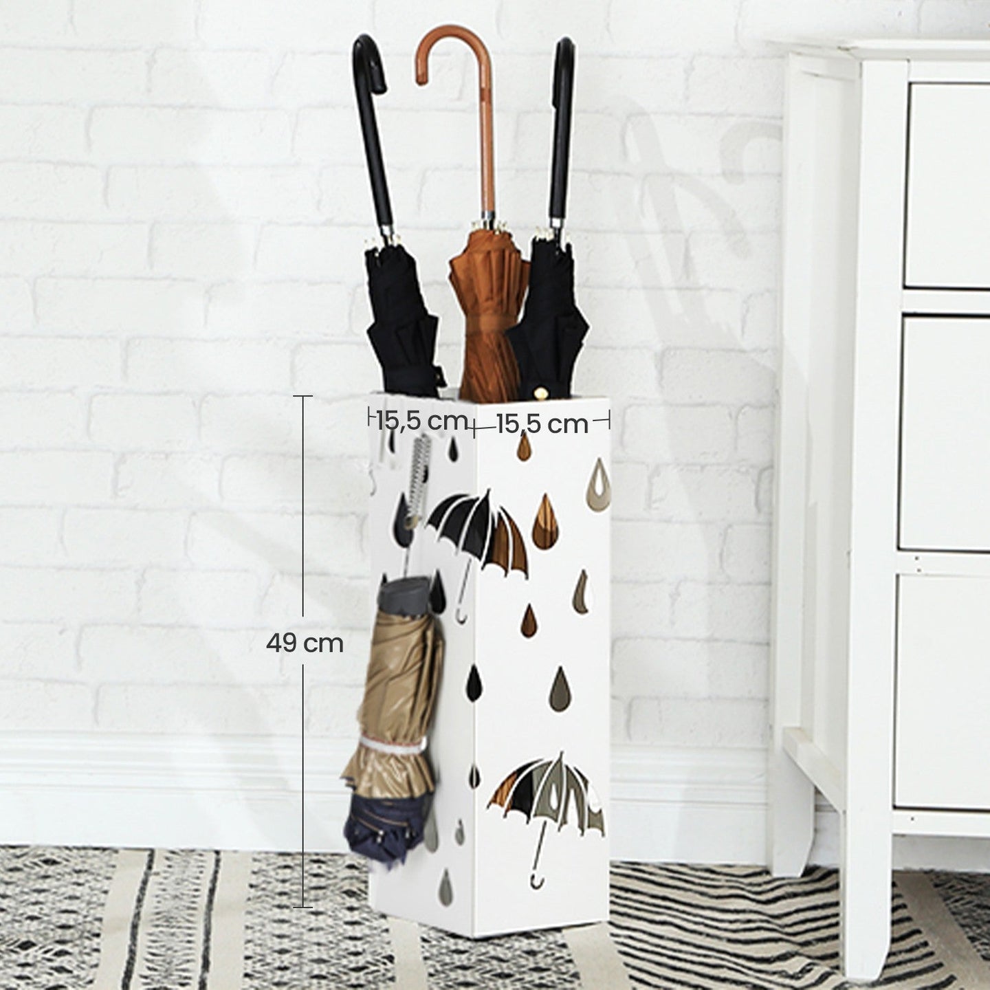 Umbrella Stand - Metal - White - Equipped with Hooks and Drip Tray