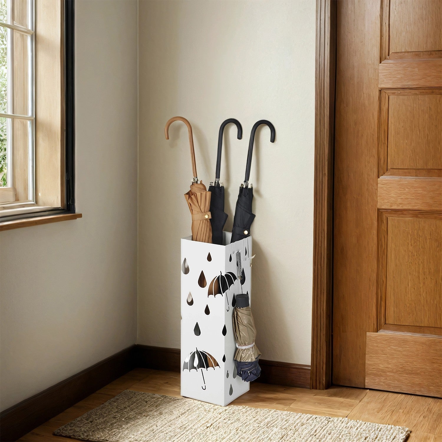 Umbrella Stand - Metal - White - Equipped with Hooks and Drip Tray