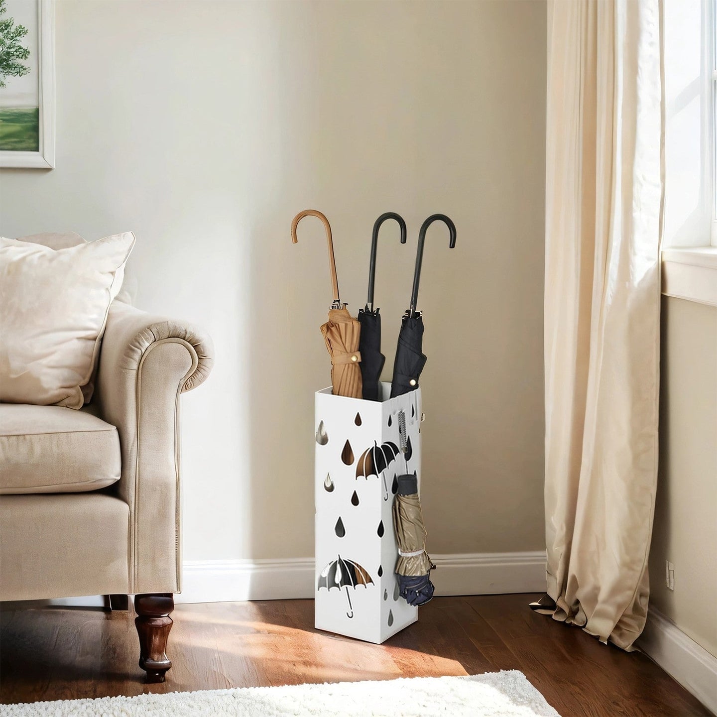 Umbrella Stand - Metal - White - Equipped with Hooks and Drip Tray