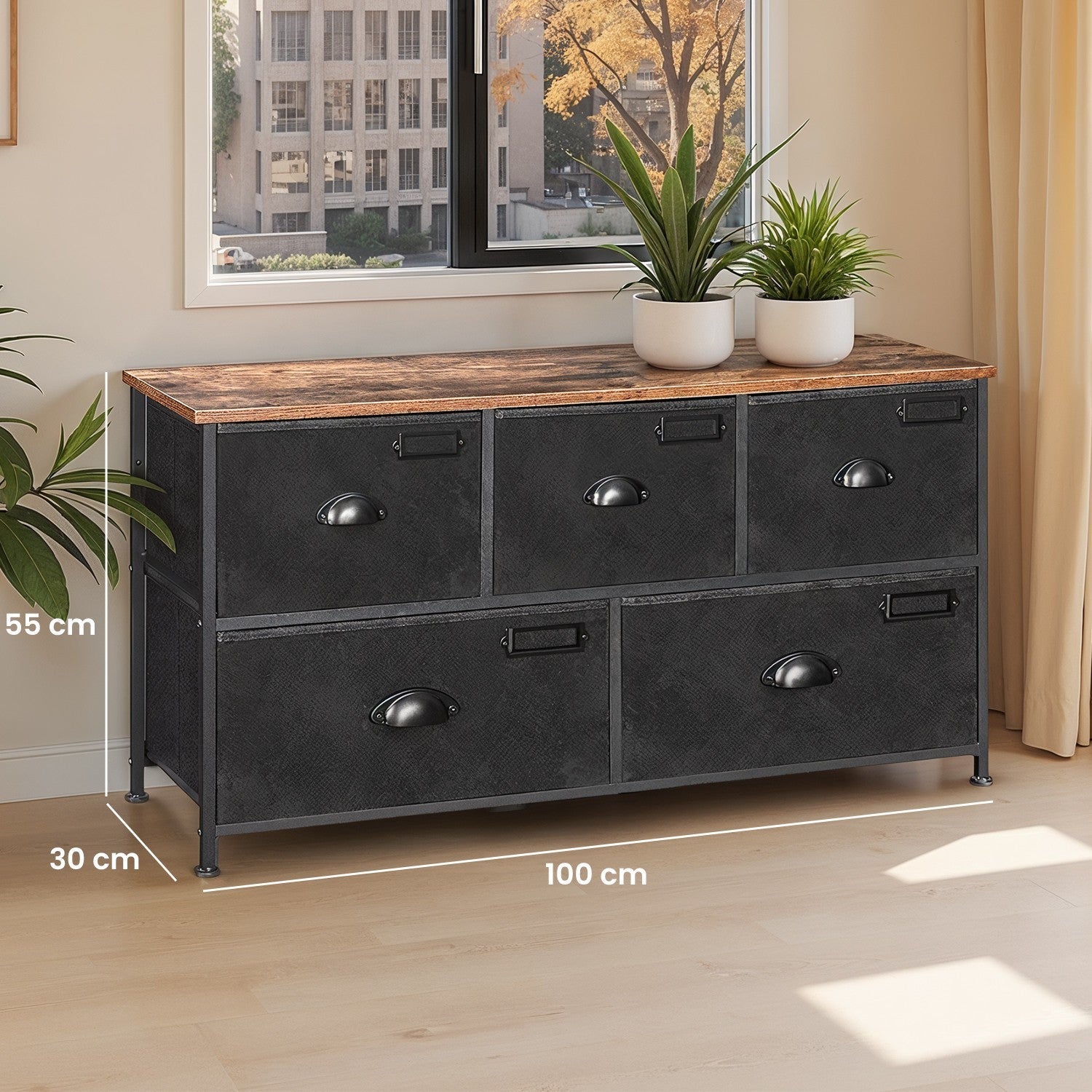 Fabric Chest of Drawers - Metal Frame - Rustic Brown and Black - Wide Storage Unit with 5 Drawers