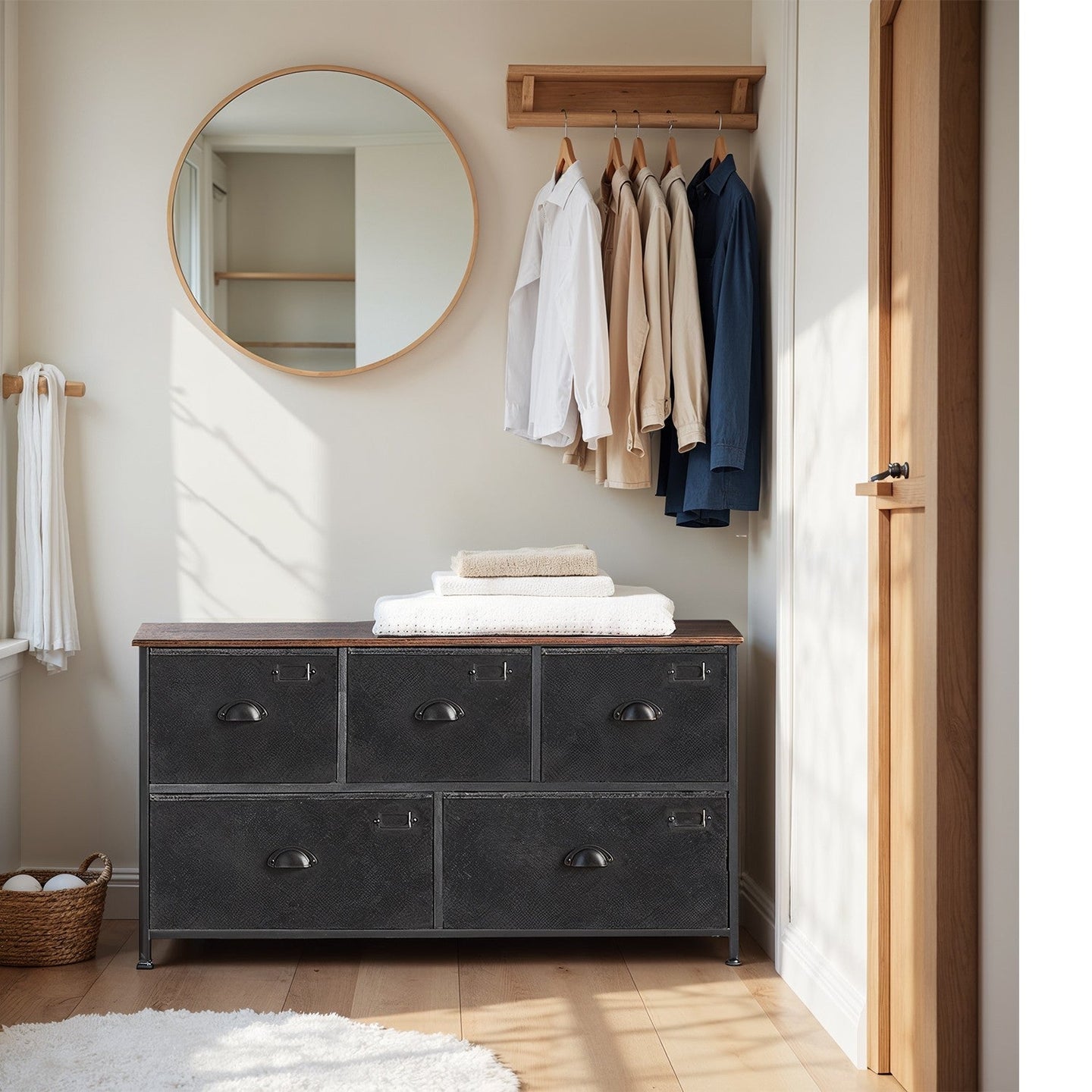 Fabric Chest of Drawers - Metal Frame - Rustic Brown and Black - Wide Storage Unit with 5 Drawers