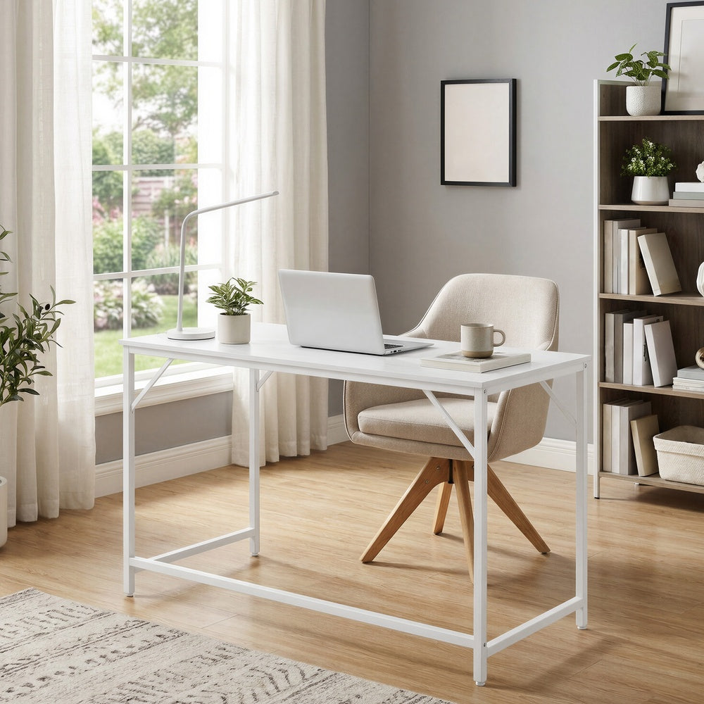 Home Office Computer Desk, for Bedroom - Wood and Steel - White