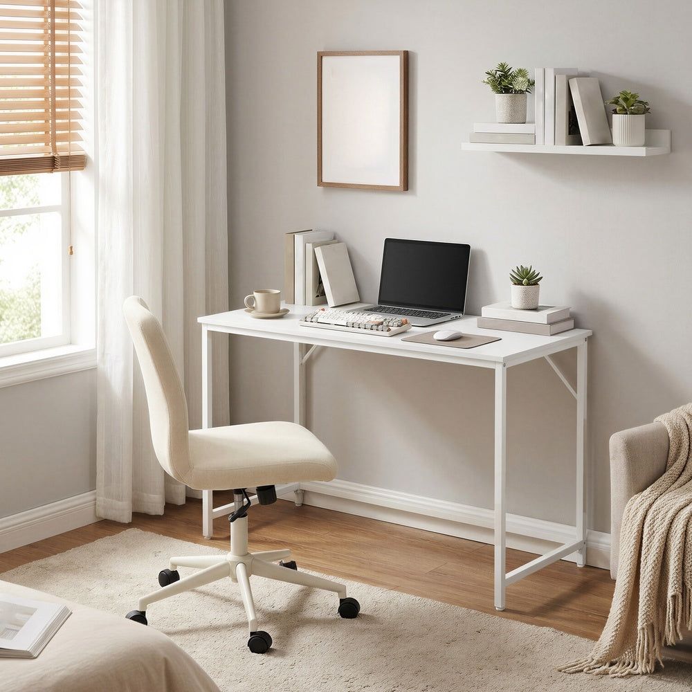 Home Office Computer Desk, for Bedroom - Wood and Steel - White