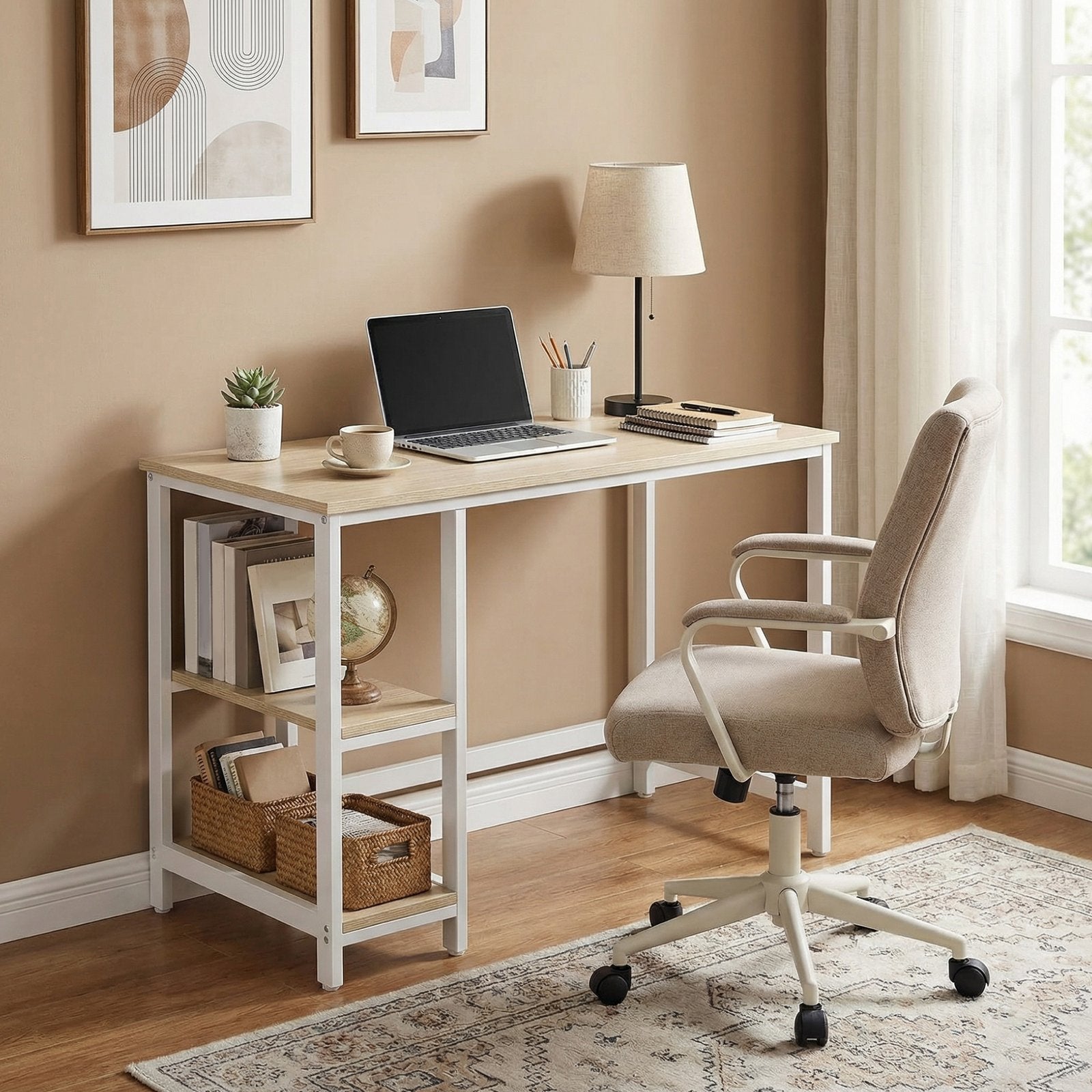 Writing Desk, Modern Computer Table - Particleboard and Steel - Beige