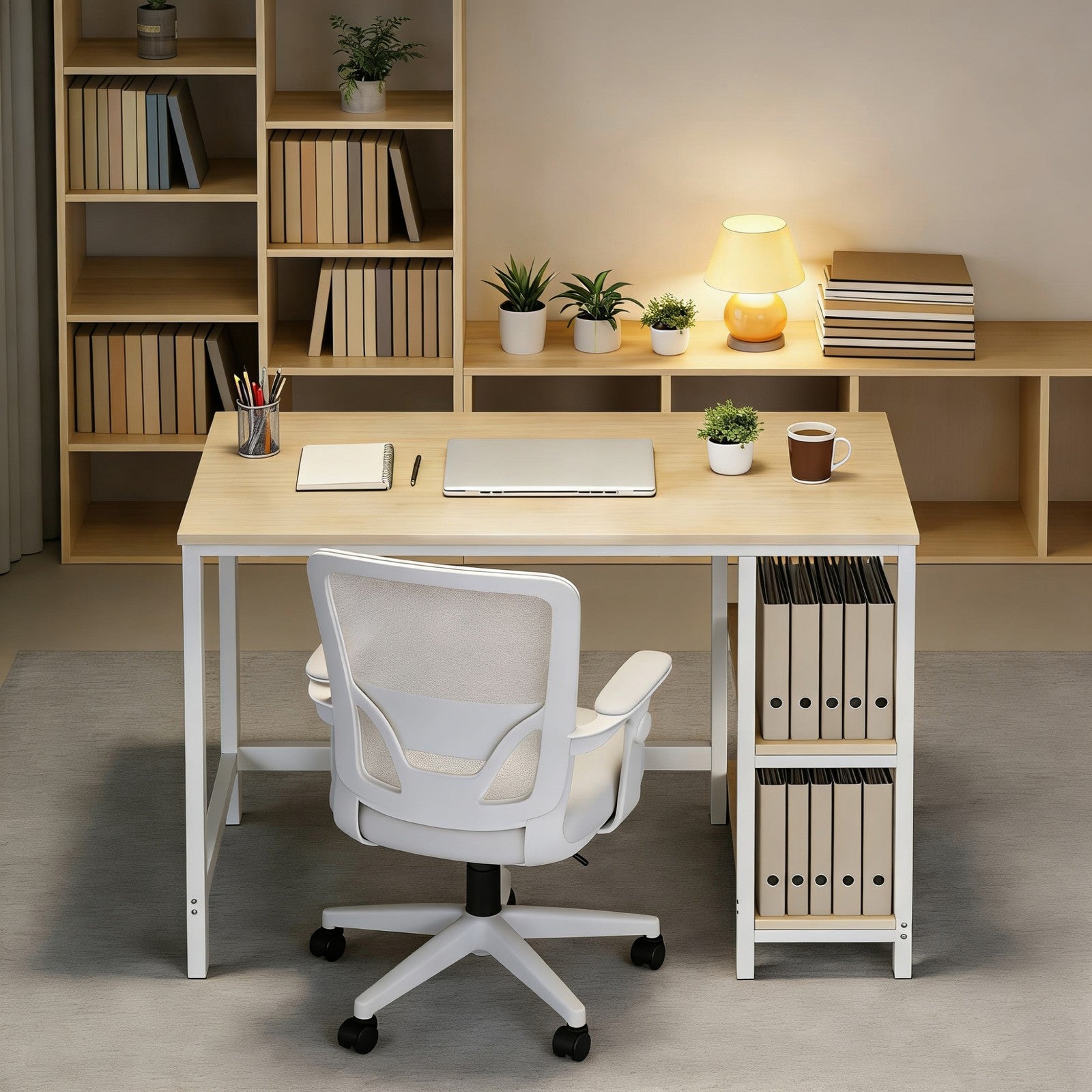 Writing Desk, Modern Computer Table - Particleboard and Steel - Beige