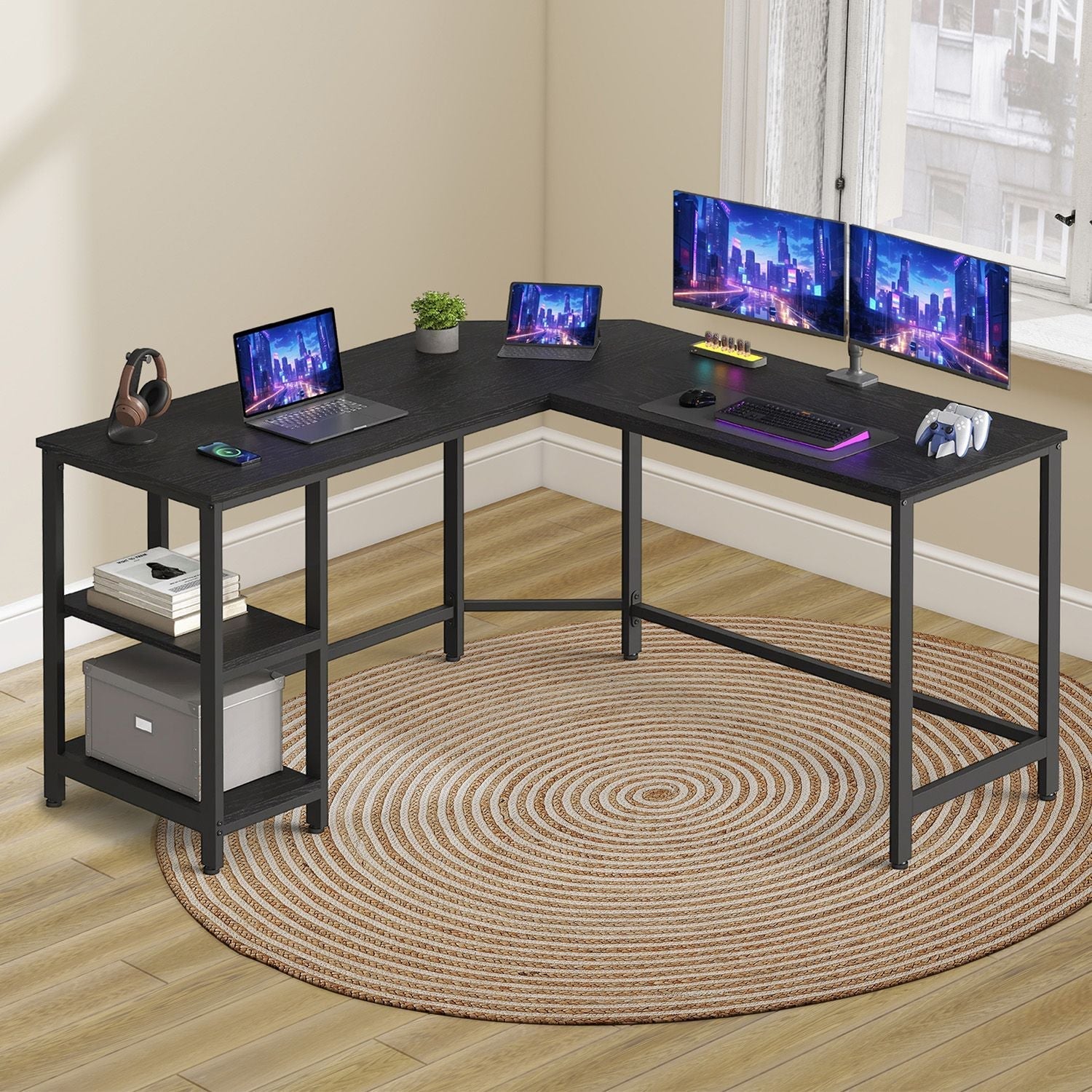 L-Shaped Corner Computer Desk - Wood - Ebony Black - Space-Saving with Storage Shelves
