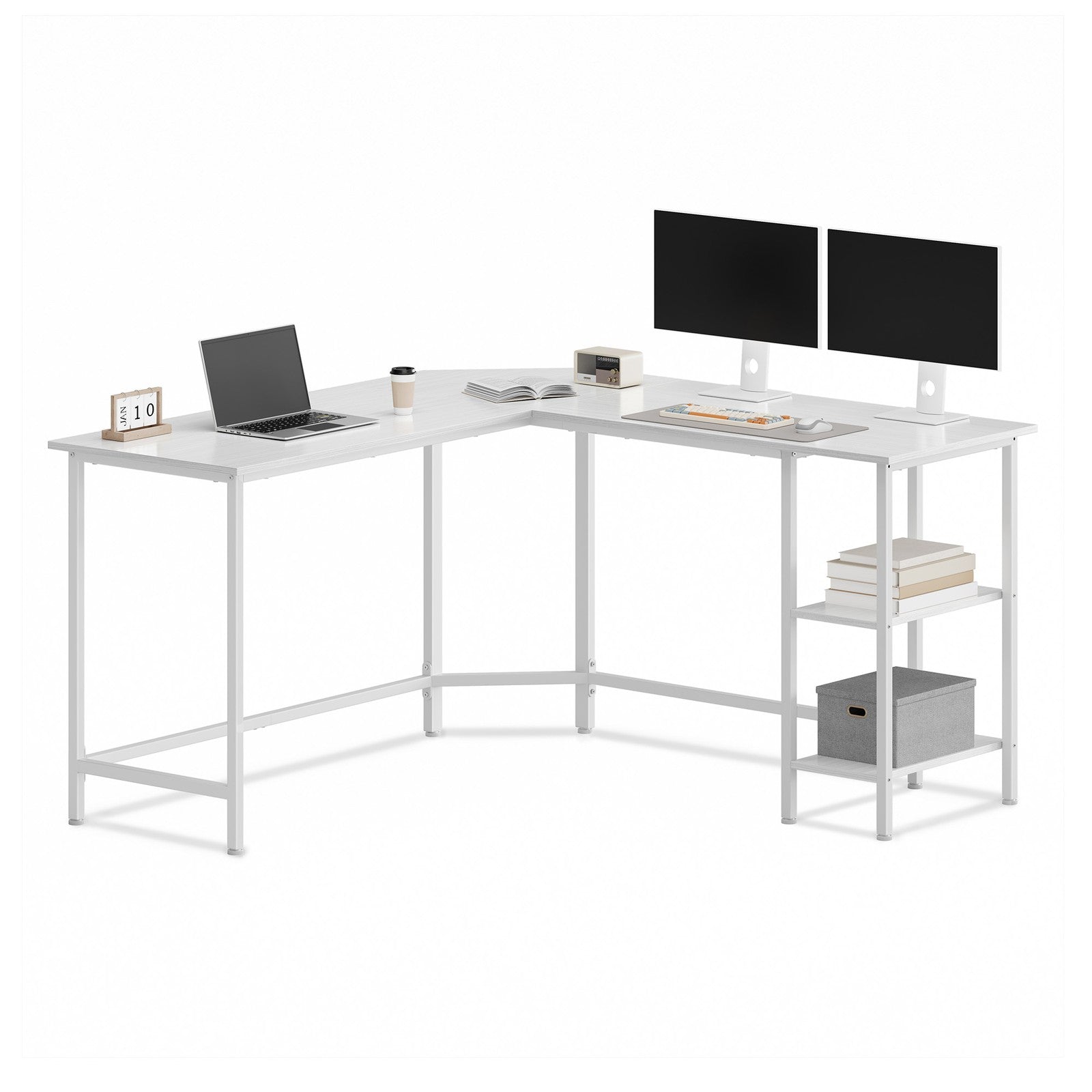 L-Shaped Writing Desk, 2 Storage Shelves - Wood and Steel - White