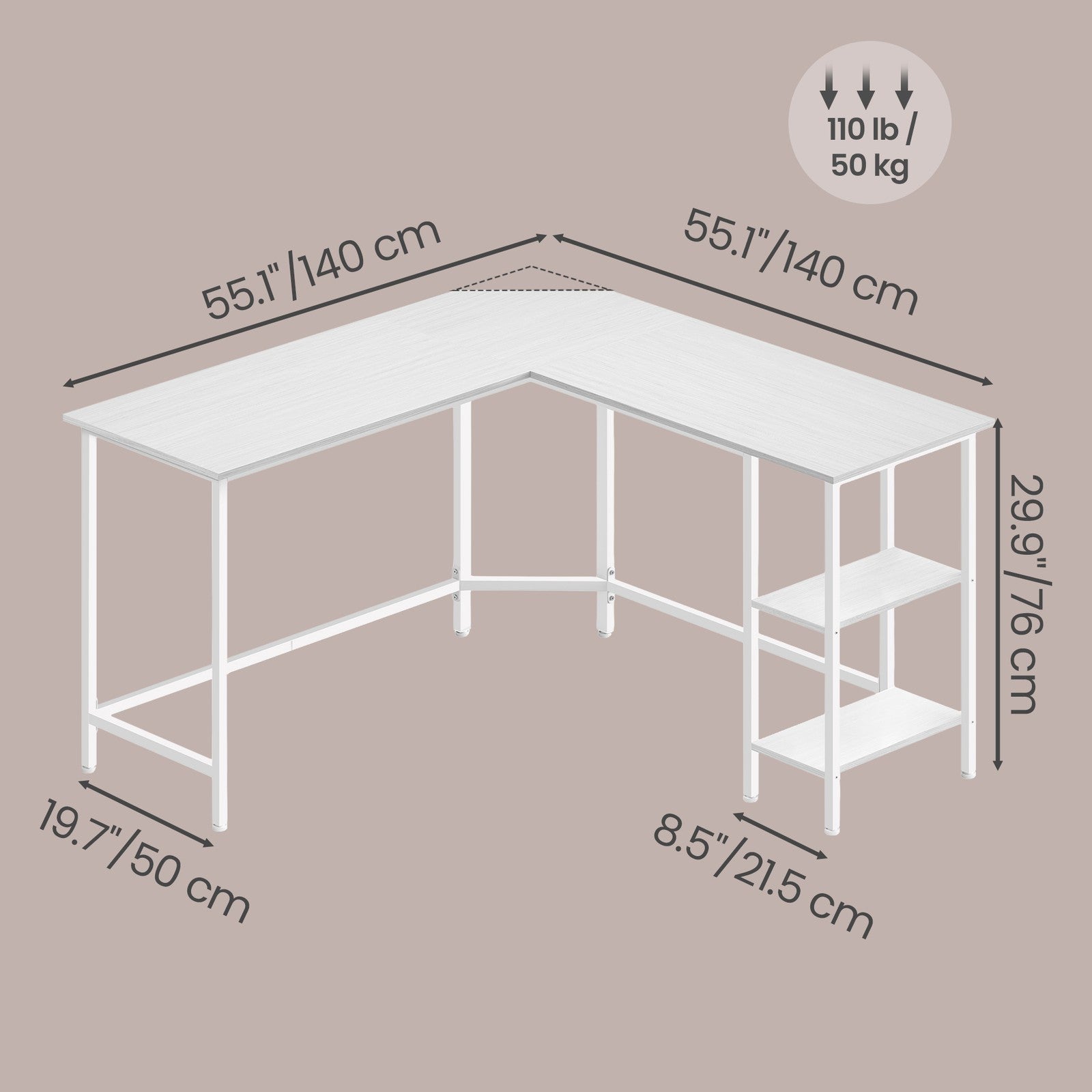 L-Shaped Writing Desk, 2 Storage Shelves - Wood and Steel - White