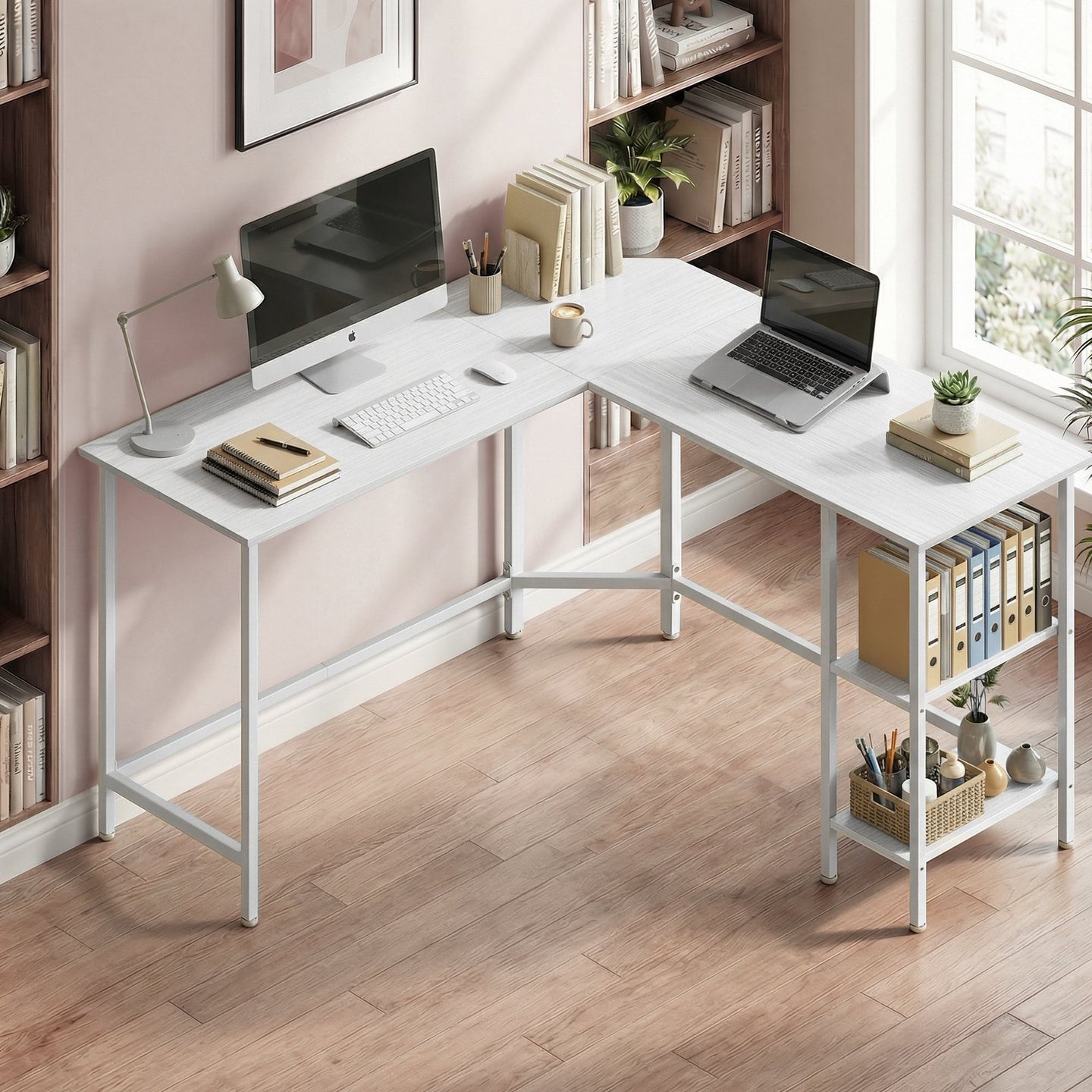 L-Shaped Writing Desk, 2 Storage Shelves - Wood and Steel - White