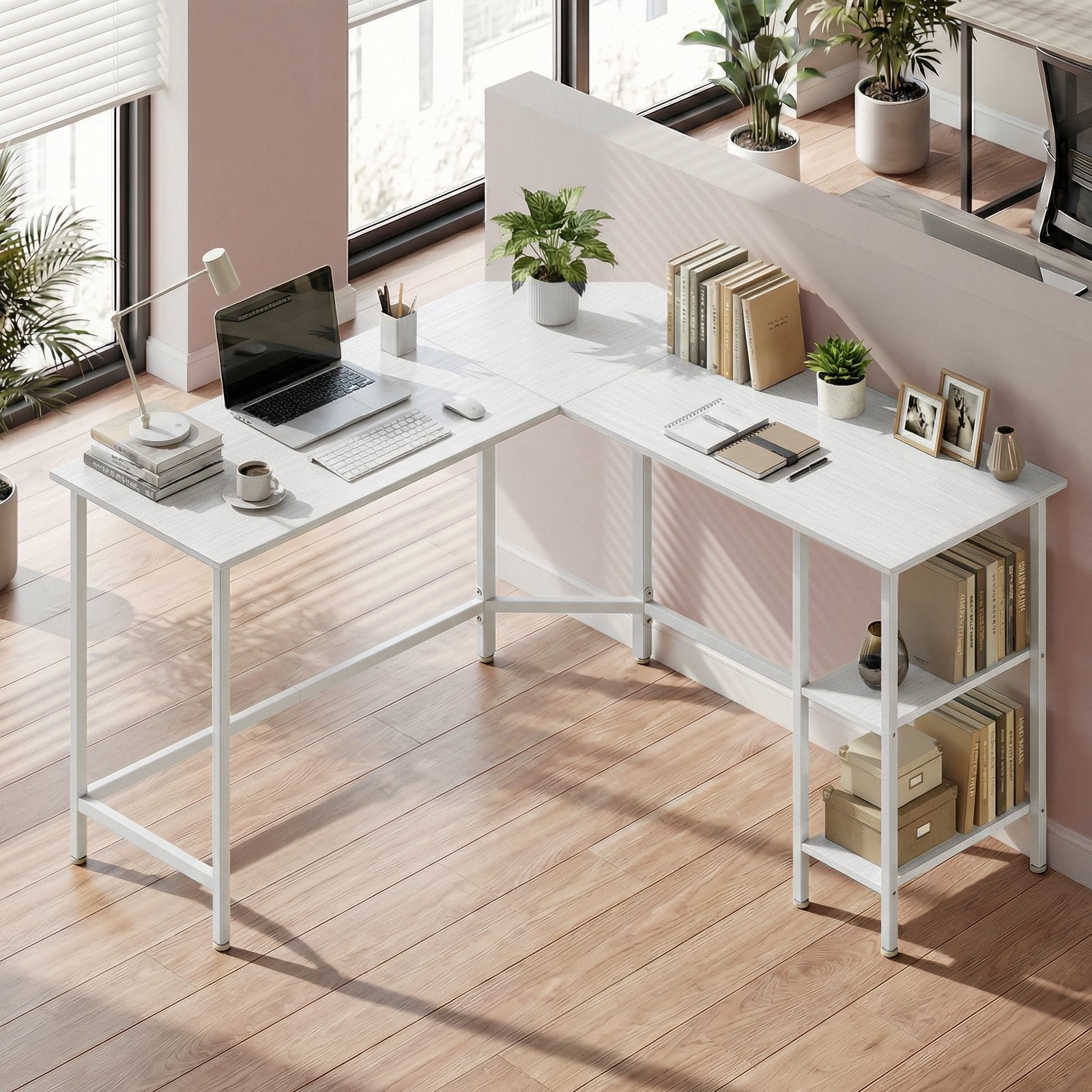 L-Shaped Writing Desk, 2 Storage Shelves - Wood and Steel - White