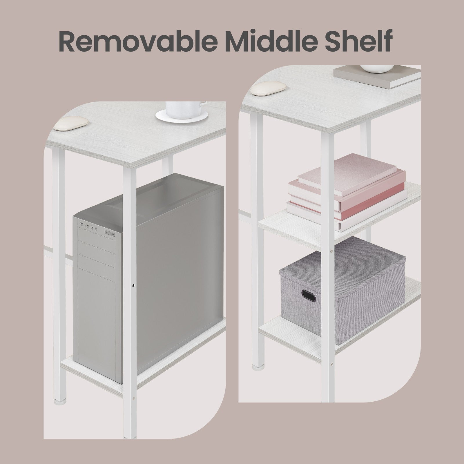 L-Shaped Writing Desk, 2 Storage Shelves - Wood and Steel - White