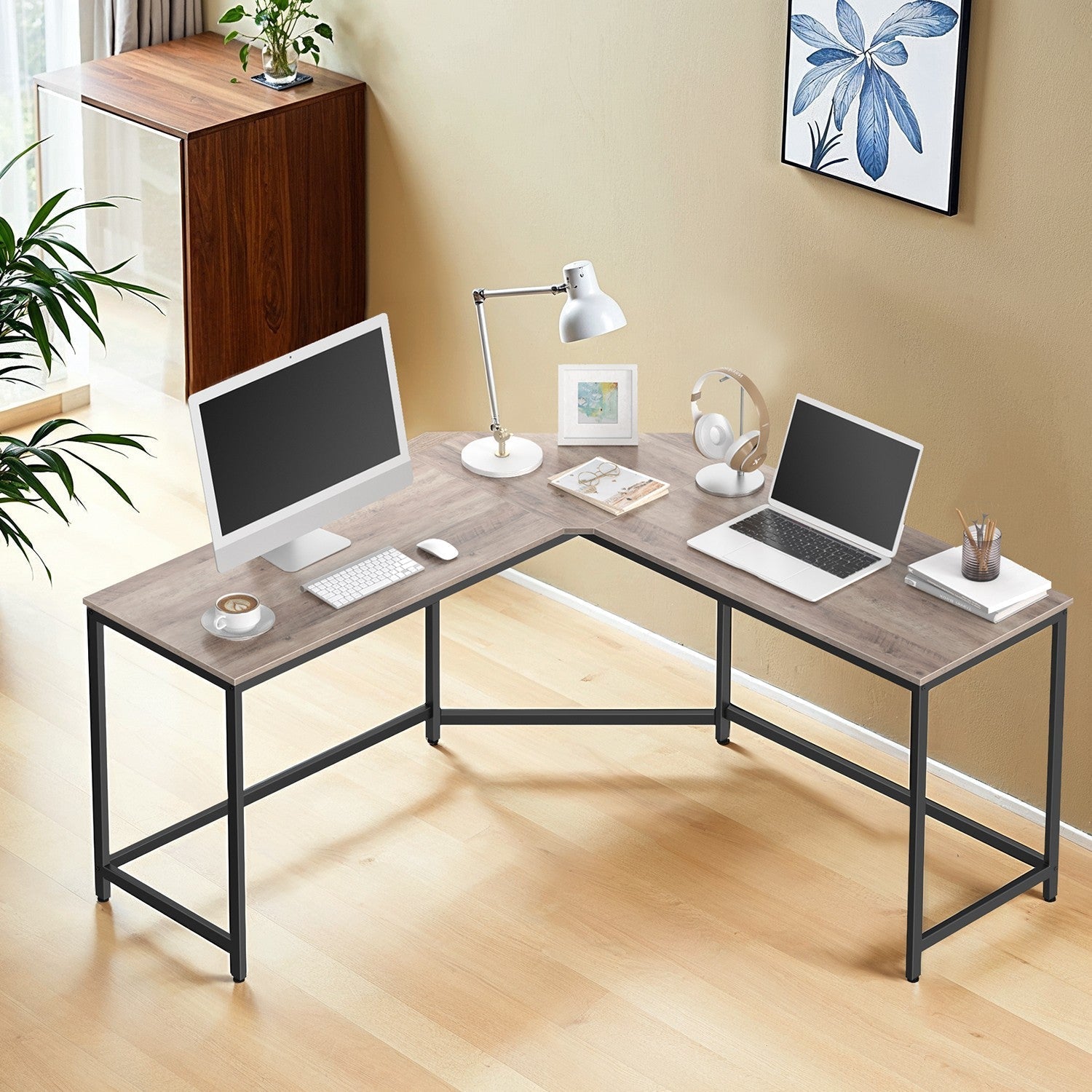 L-Shaped Computer Desk - Wood - Greige and Black - Space-Saving