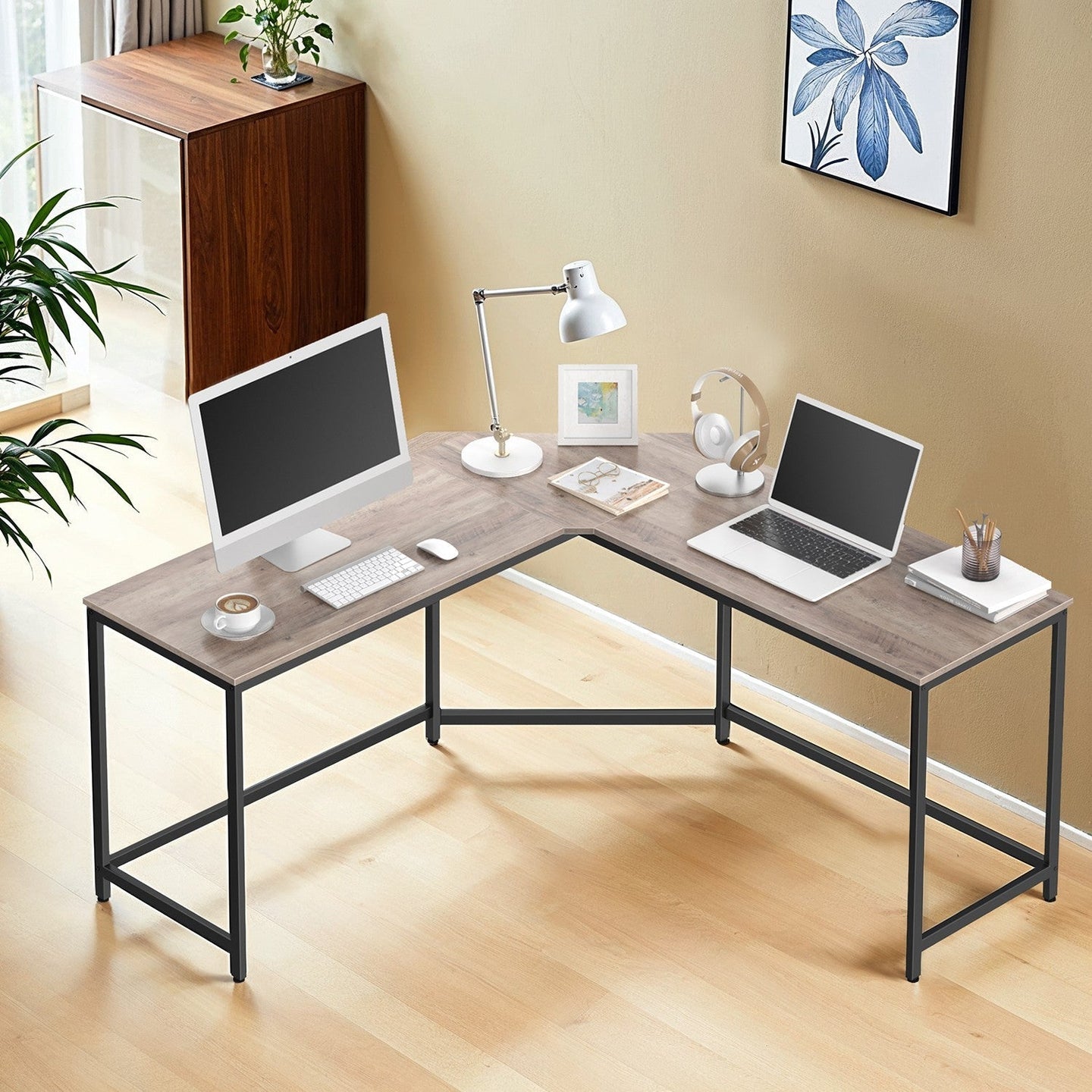 L-Shaped Computer Desk - Wood - Greige and Black - Space-Saving