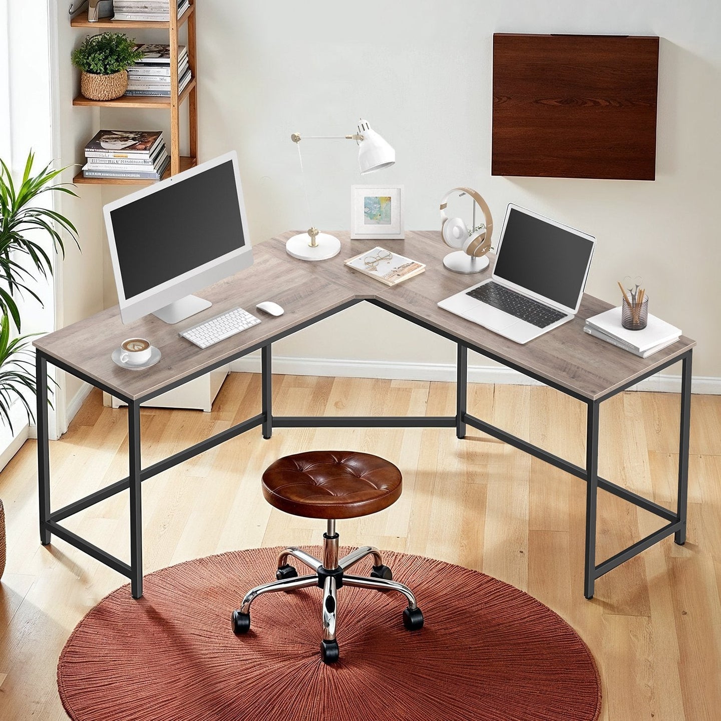 L-Shaped Computer Desk - Wood - Greige and Black - Space-Saving