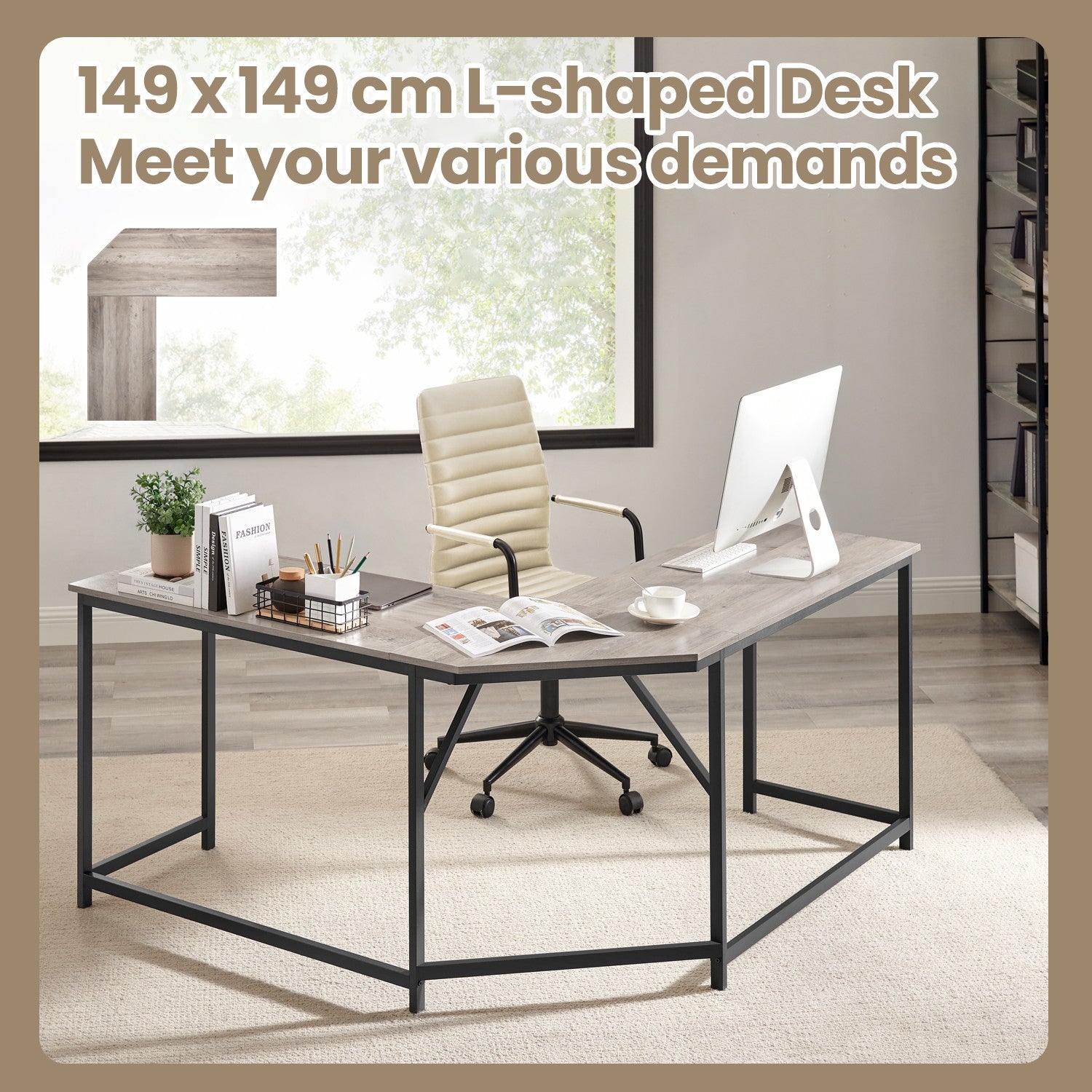 L-Shaped Computer Desk - Wood - Greige and Black - Space-Saving