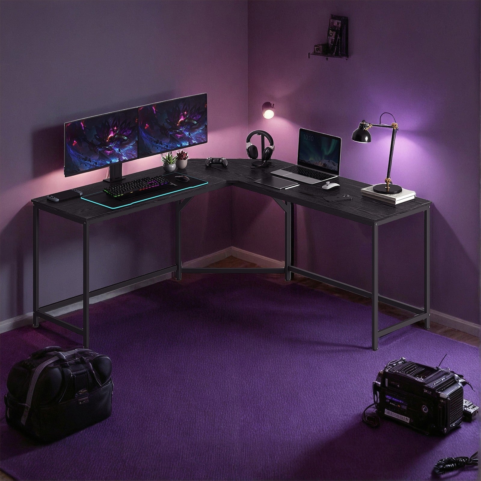 L-Shaped Computer Desk - Wood - Greige and Black - Space-Saving