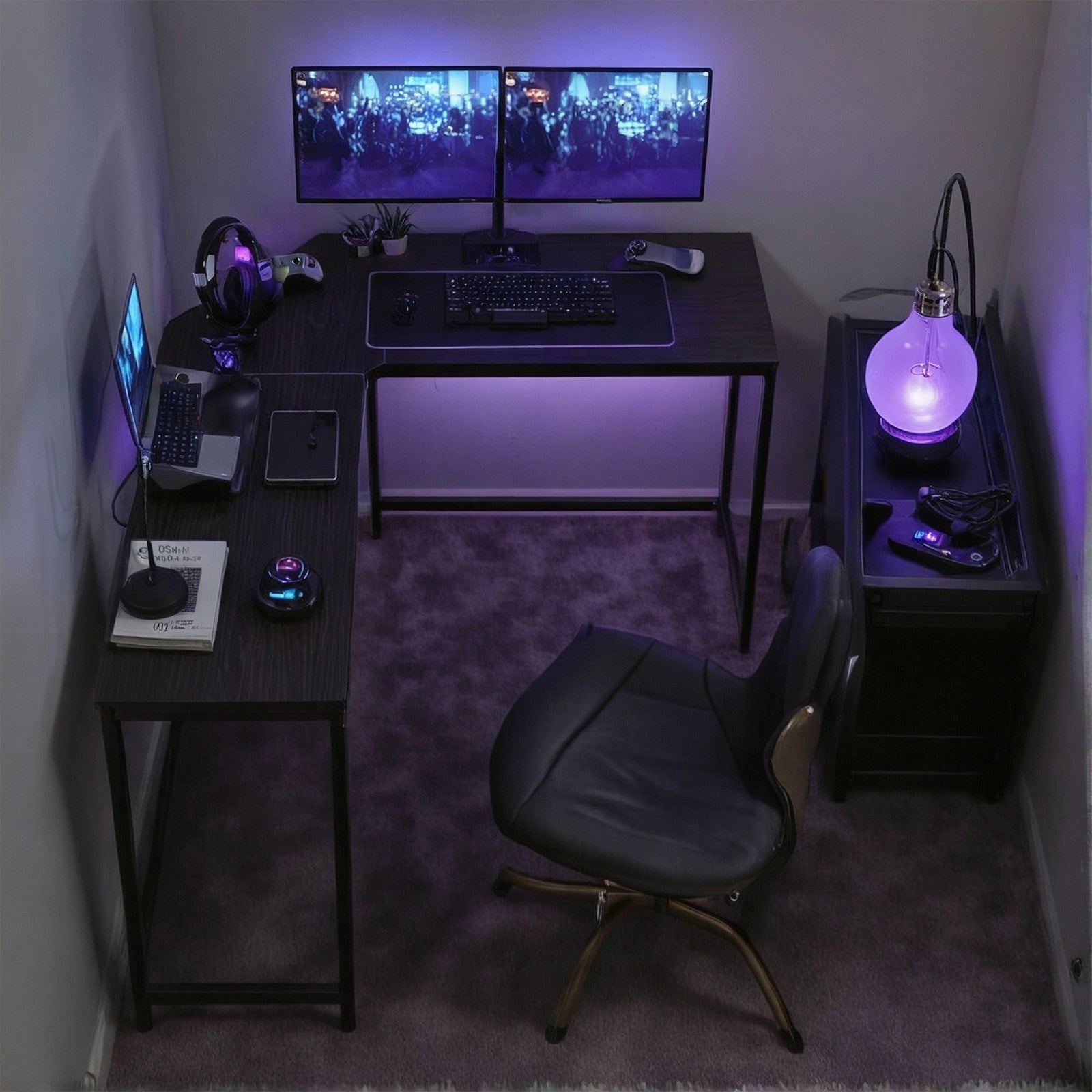 L-Shaped Computer Desk - Wood - Greige and Black - Space-Saving